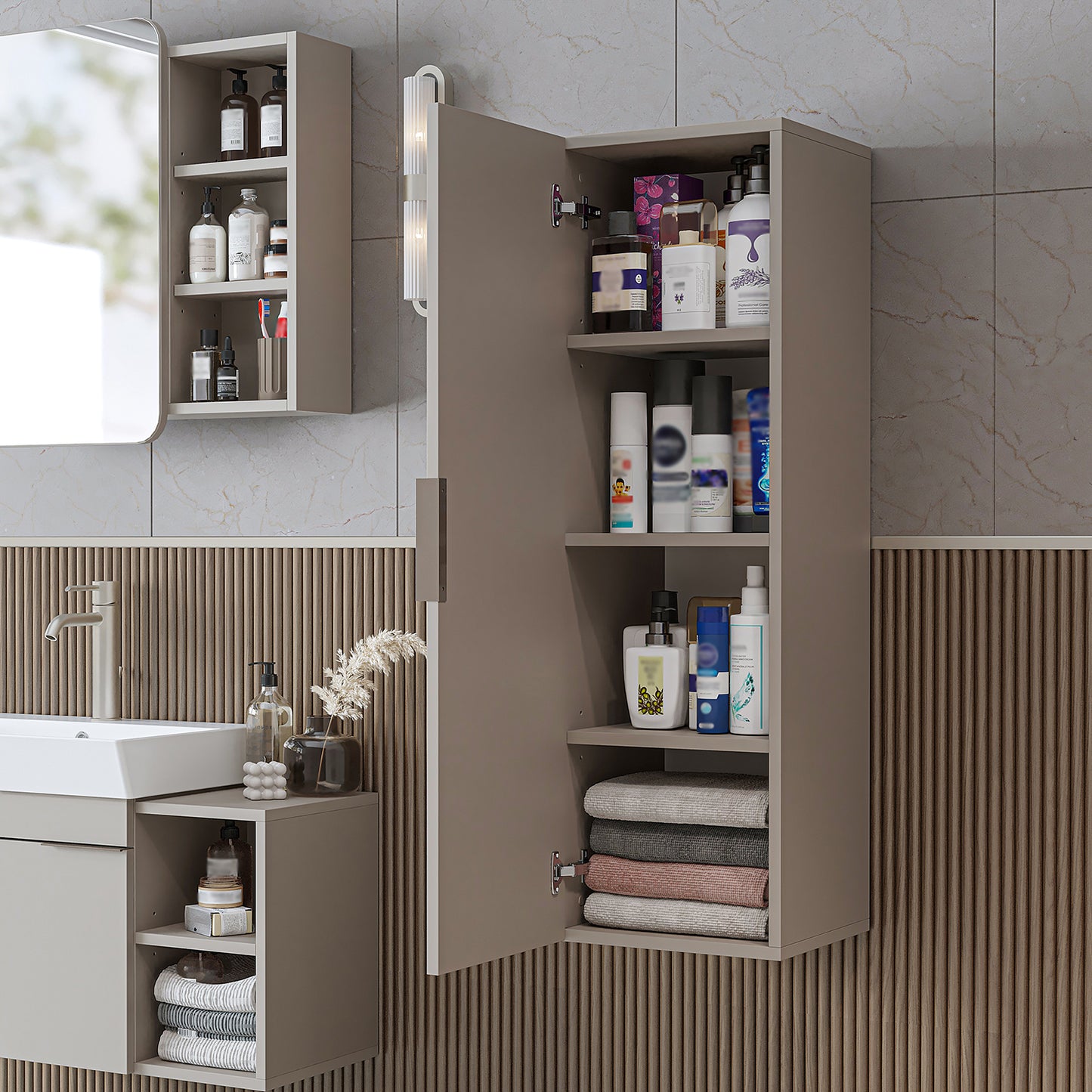 Roomart Badmöbel Set LYCIA 60 cm – 4-teiliges Badezimmermöbel-Set mit Keramik-Waschbecken, Spiegelschrank & Seitenschrank – Badmöbel in 4 Farben