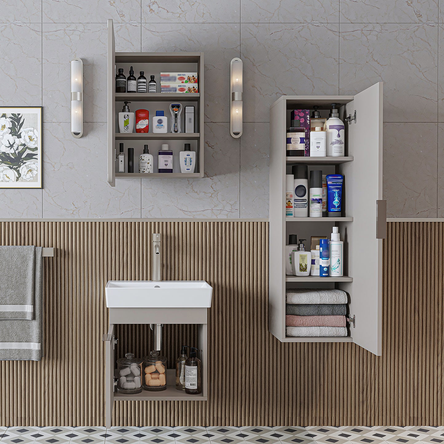 Roomart Badmöbel Set LYCIA 50 cm – 4-teiliges Badezimmermöbel-Set mit Keramik-Waschbecken, Spiegelschrank & Seitenschrank – Badmöbel in 4 Farben