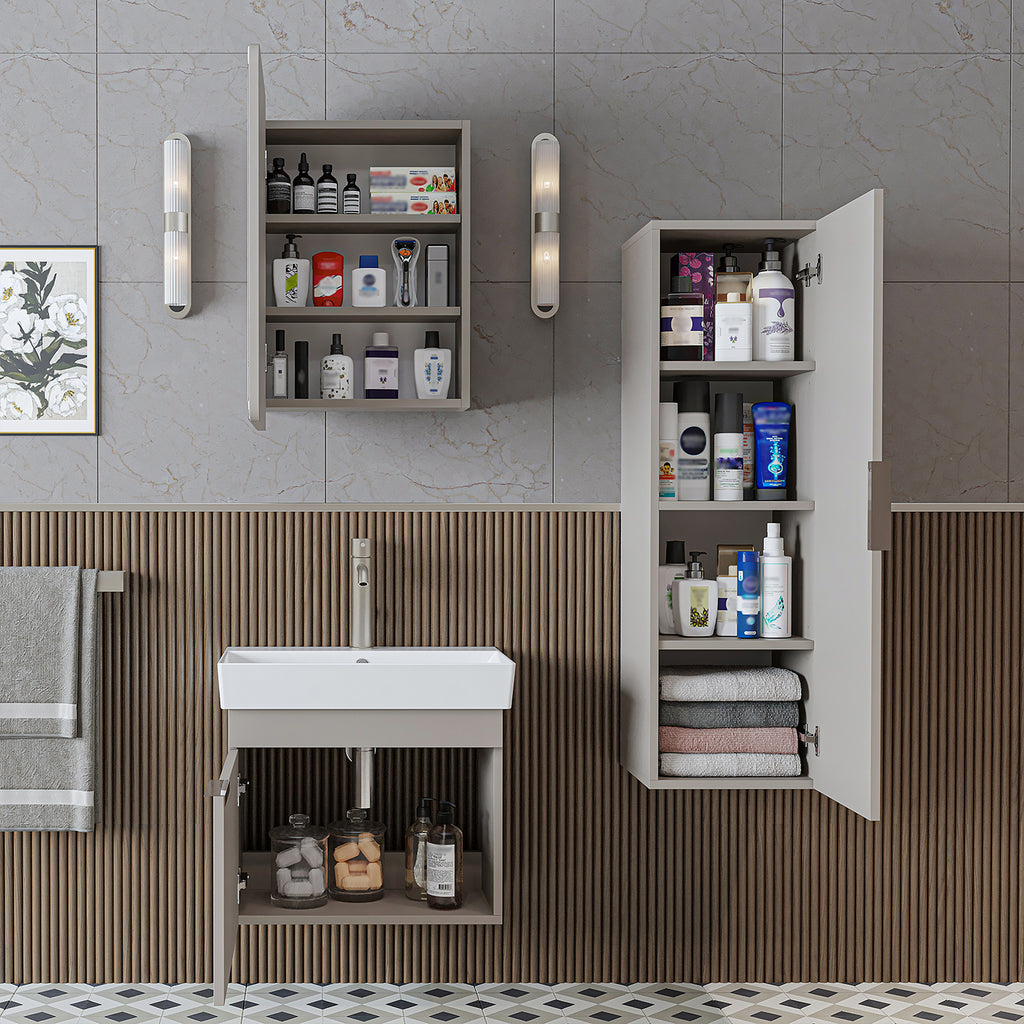 Roomart Badmöbel Set LYCIA 60 cm – 4-teiliges Badezimmermöbel-Set mit Keramik-Waschbecken, Spiegelschrank & Seitenschrank – Badmöbel in 4 Farben