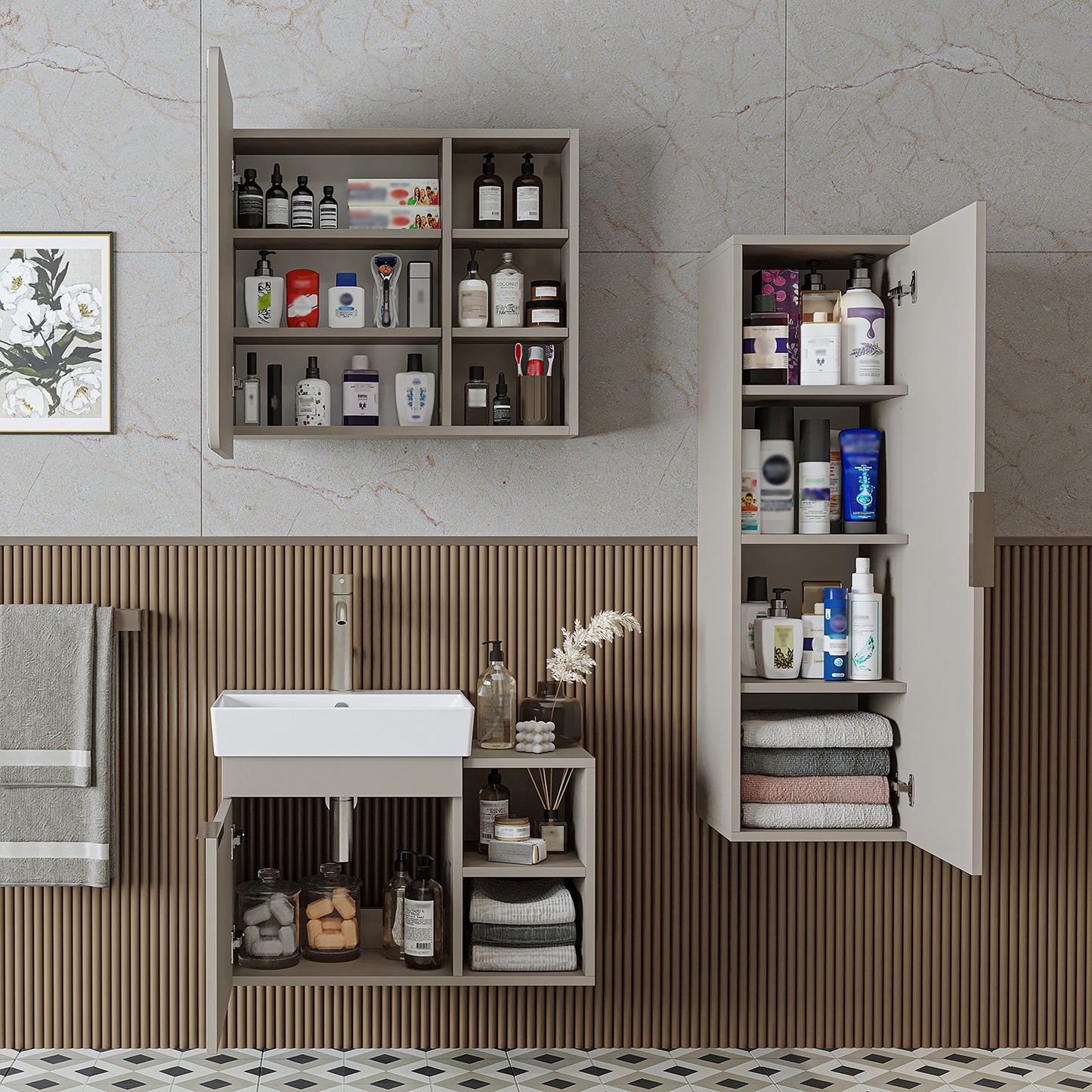 Roomart Badmöbel Set LYCIA 72 cm – 4-teiliges Badezimmermöbel-Set mit Keramik-Waschbecken, Spiegelschrank & Seitenschrank – Badmöbel in 4 Farben