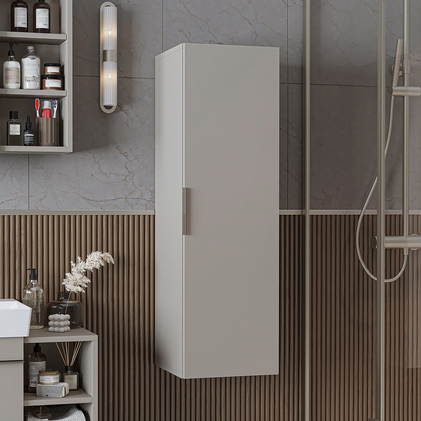 Bad-Hochschrank LYCIA in Beige mit Tür und Einlegeböden