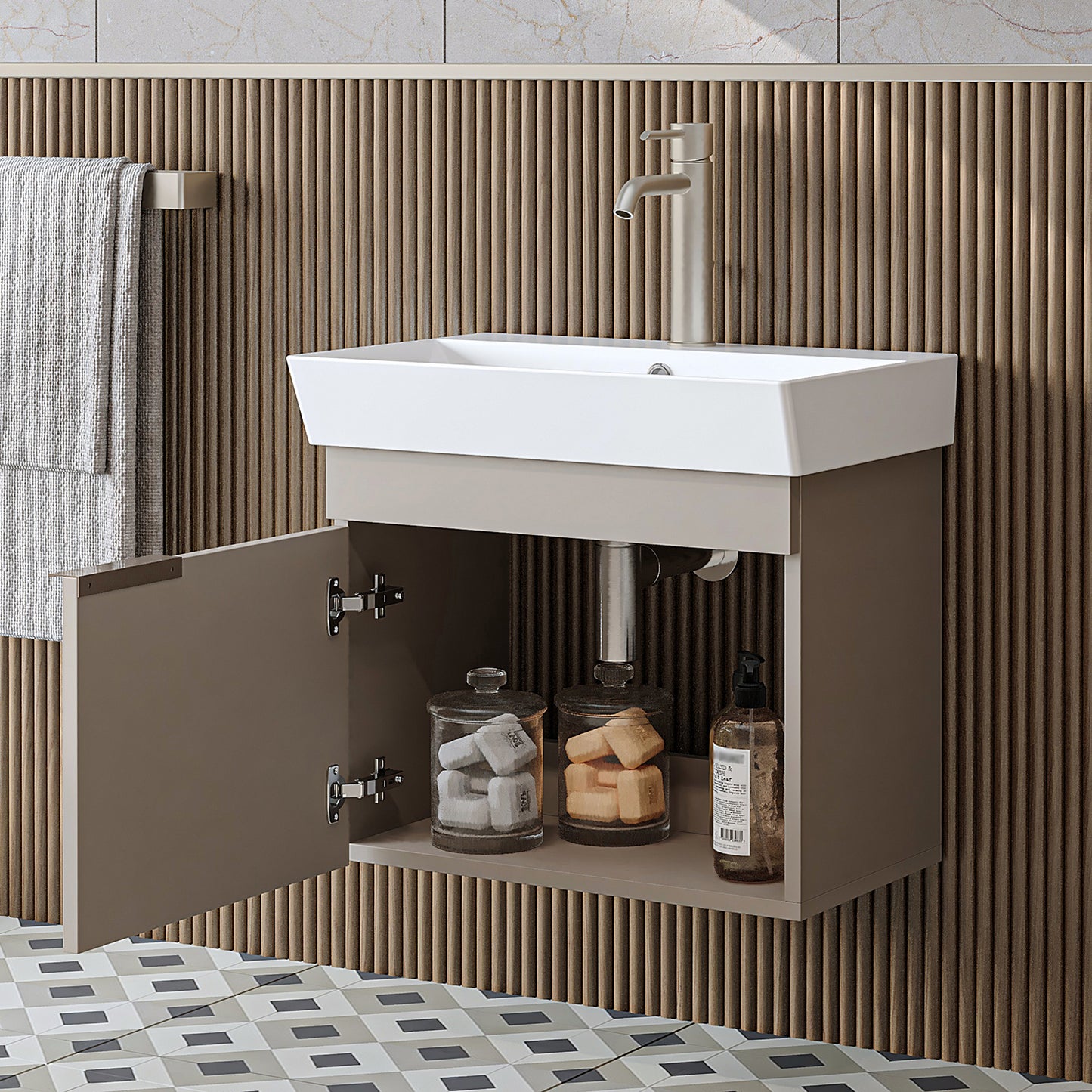 Roomart Badmöbel LYCIA 60 cm – Waschbeckenunterschrank mit Keramik-Waschbecken – Waschtischunterschrank für Badezimmer – Modernes Badmöbel mit Stauraum – 4 Farben