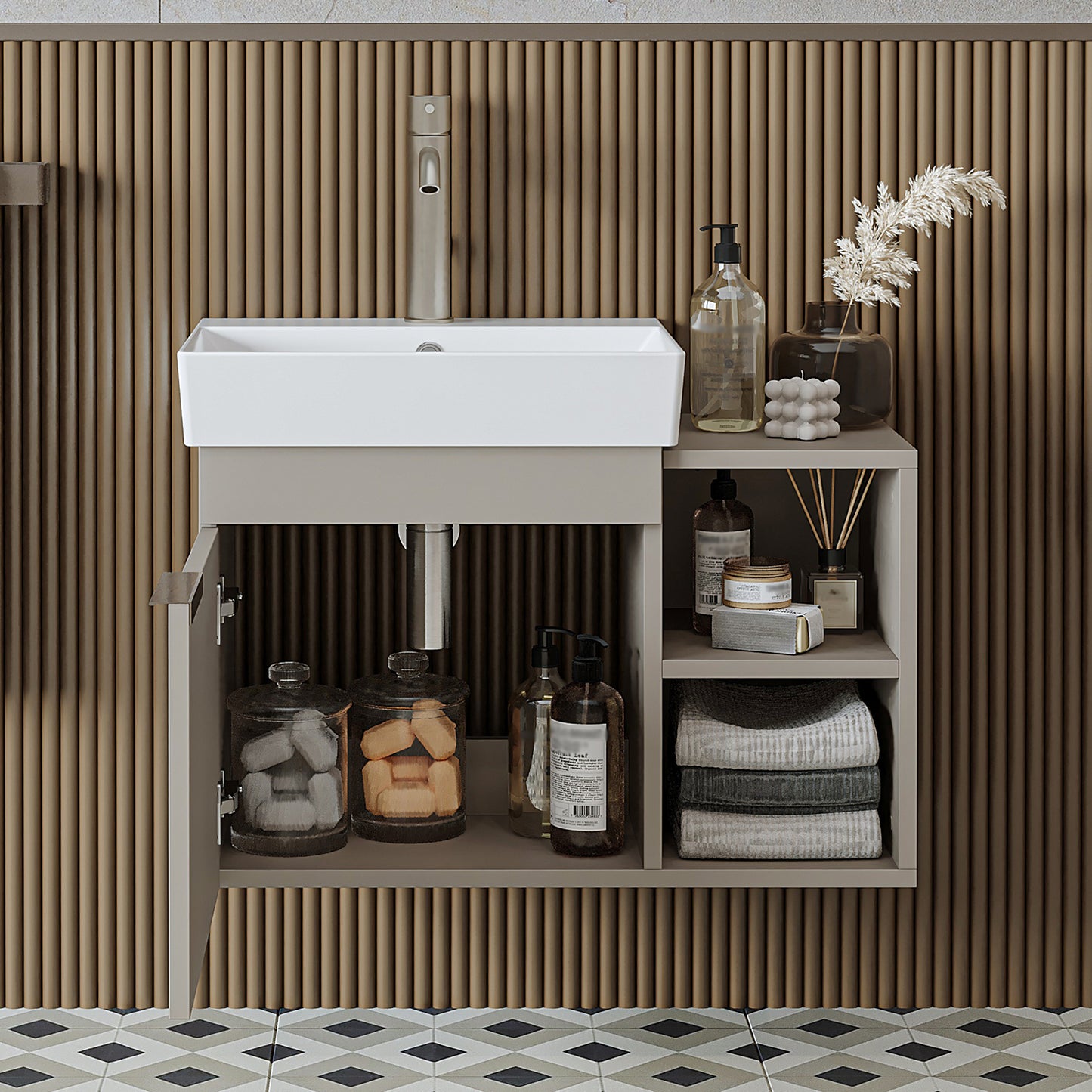 Roomart Badmöbel LYCIA 72 cm – Waschbeckenunterschrank mit Keramik-Waschbecken – Waschtischunterschrank für Badezimmer – Modernes Badmöbel mit Stauraum – 4 Farben