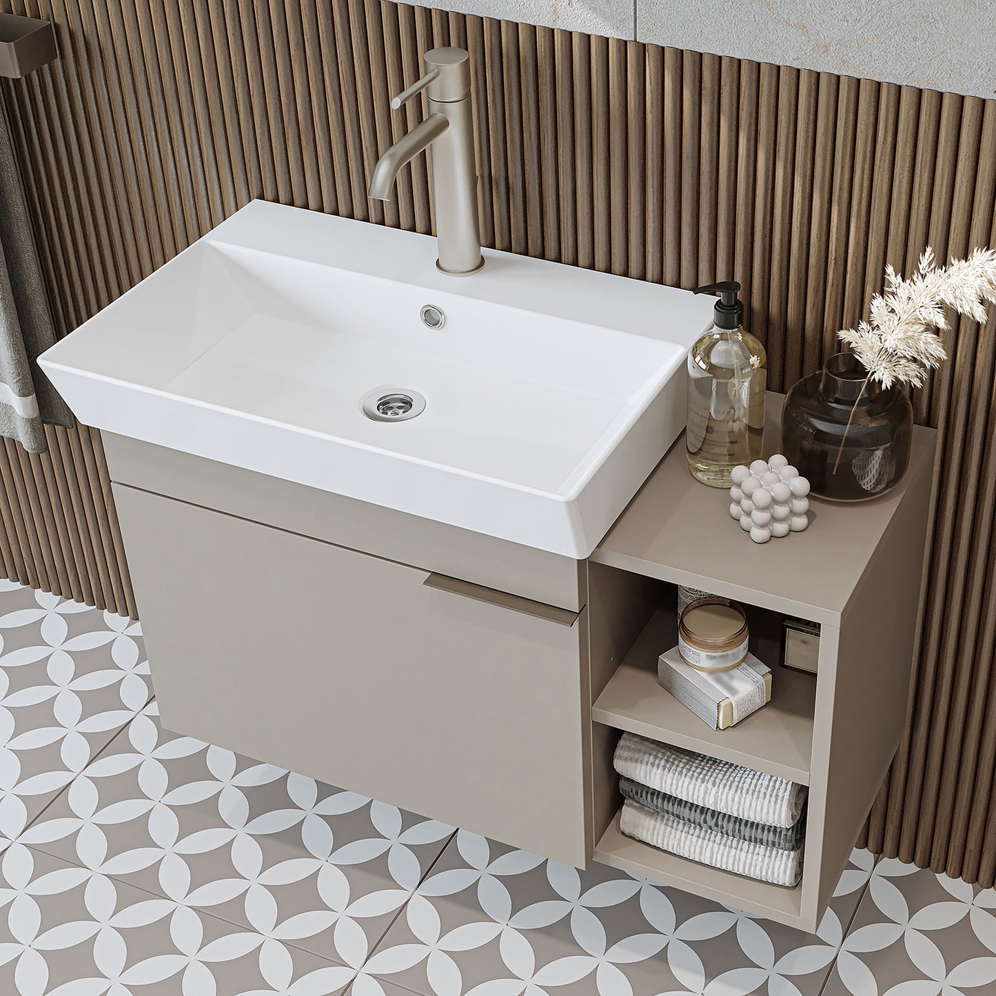 Roomart Badmöbel LYCIA 82 cm – Waschbeckenunterschrank mit Keramik-Waschbecken – Waschtischunterschrank für Badezimmer – Modernes Badmöbel mit Stauraum – 4 Farben