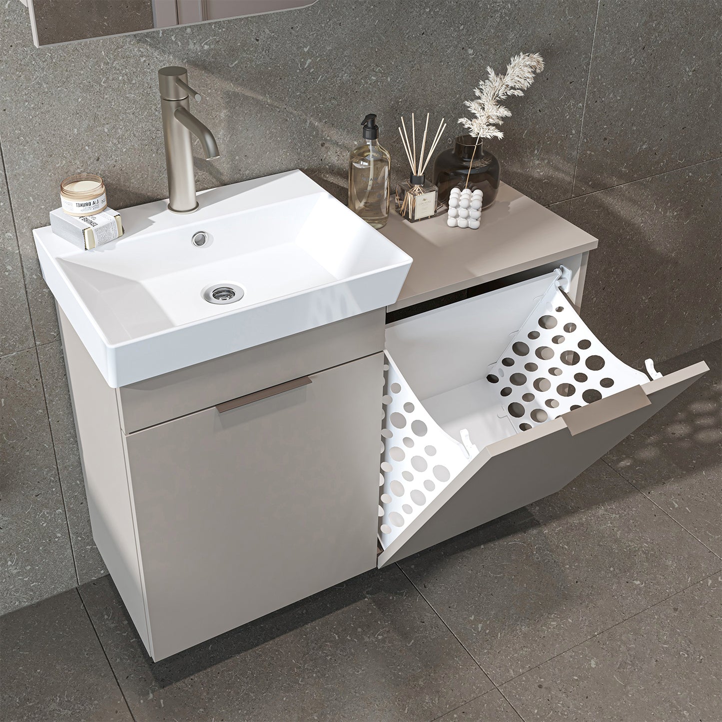 Waschtischunterschrank LYCIA in Beige mit Waschbecken und Wäschekorb