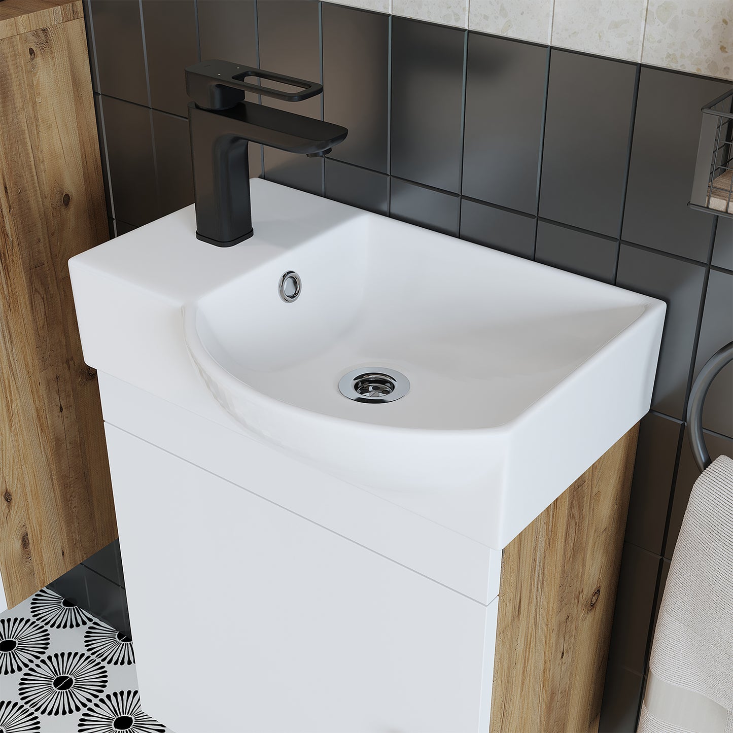 Roomart Waschtischunterschrank PUNTO mit Keramik-Waschbecken – Gäste-WC Badmöbel – Wasserhahn links