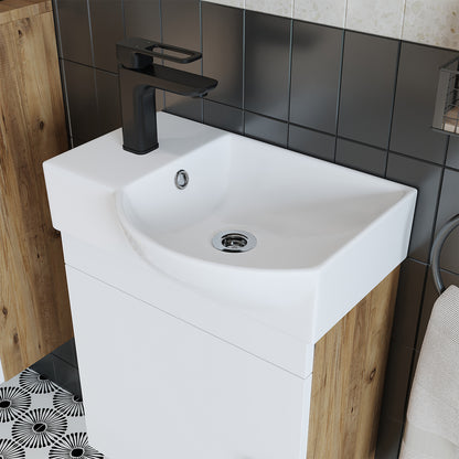 Roomart Waschtischunterschrank PUNTO mit Keramik-Waschbecken – Gäste-WC Badmöbel – Wasserhahn links