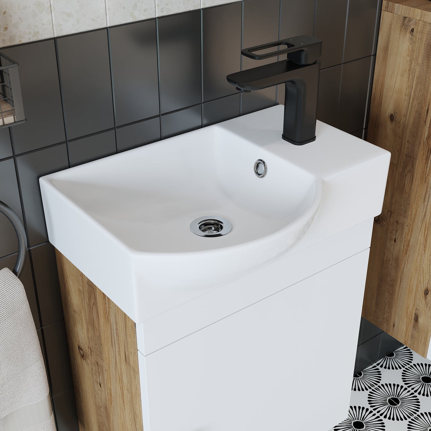 Roomart Waschtischunterschrank PUNTO mit Keramik-Waschbecken – Gäste-WC Badmöbel – Wasserhahn rechts