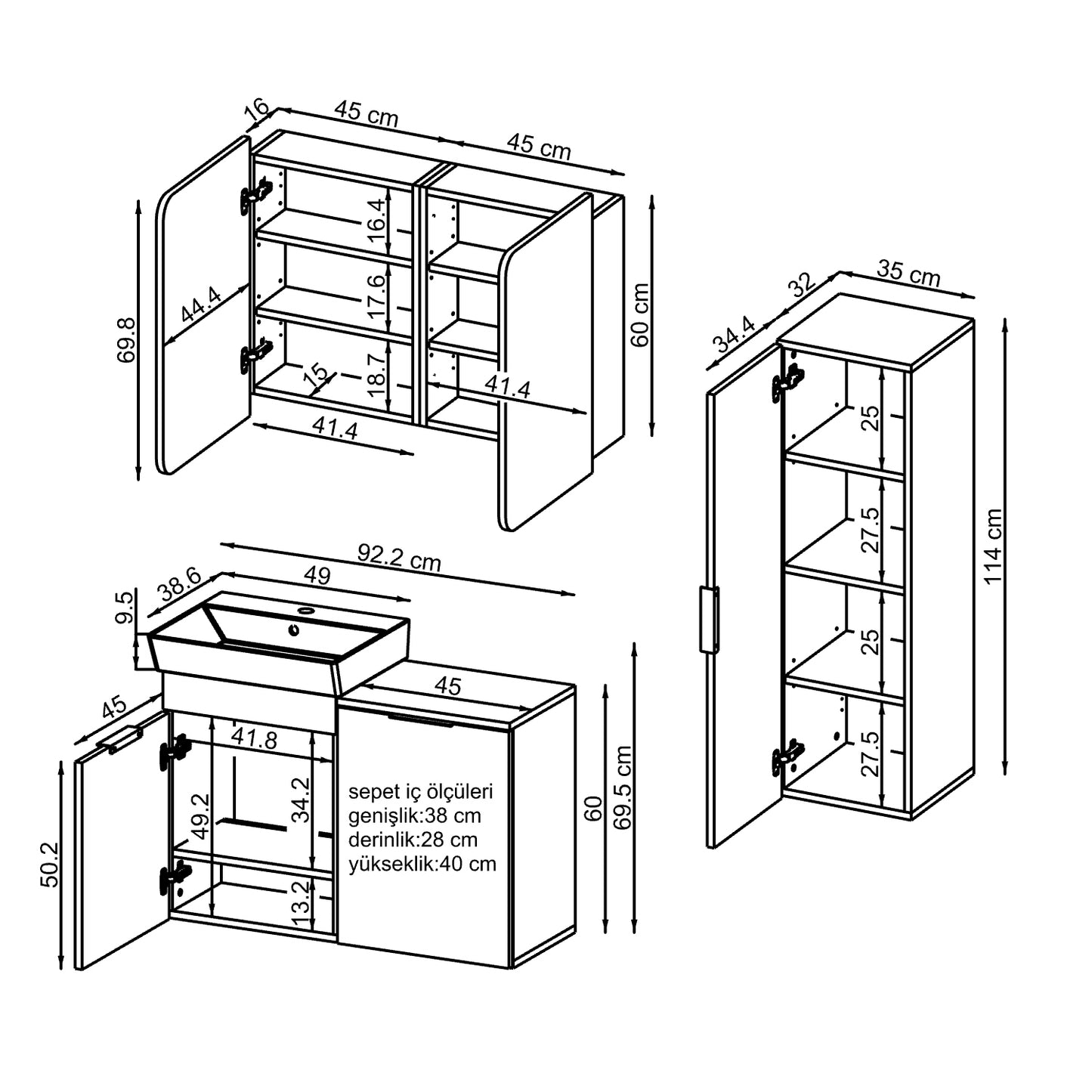 Roomart 3-teiliges Badmöbel-Set LYCIA, 49 cm, Waschtisch, Spiegelschrank und Hochschrank, in 4 Farben
