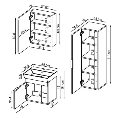 Roomart Badmöbel Set LYCIA 50 cm – 4-teiliges Badezimmermöbel-Set mit Keramik-Waschbecken, Spiegelschrank & Seitenschrank – Badmöbel in 4 Farben