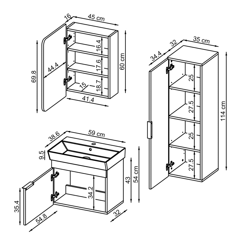Roomart Badmöbel Set LYCIA 60 cm – 4-teiliges Badezimmermöbel-Set mit Keramik-Waschbecken, Spiegelschrank & Seitenschrank – Badmöbel in 4 Farben