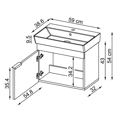 Roomart Badmöbel LYCIA 60 cm – Waschbeckenunterschrank mit Keramik-Waschbecken – Waschtischunterschrank für Badezimmer – Modernes Badmöbel mit Stauraum – 4 Farben