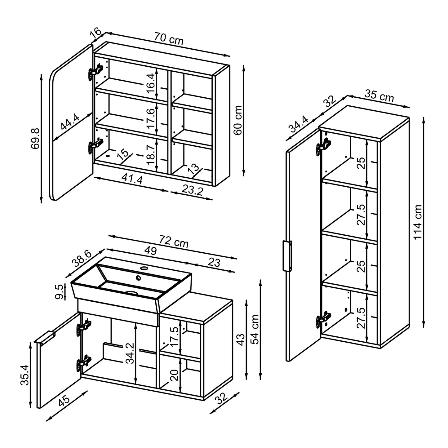 Roomart Badmöbel Set LYCIA 72 cm – 4-teiliges Badezimmermöbel-Set mit Keramik-Waschbecken, Spiegelschrank & Seitenschrank – Badmöbel in 4 Farben