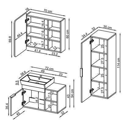 Roomart Badmöbel Set LYCIA 72 cm – 4-teiliges Badezimmermöbel-Set mit Keramik-Waschbecken, Spiegelschrank & Seitenschrank – Badmöbel in 4 Farben