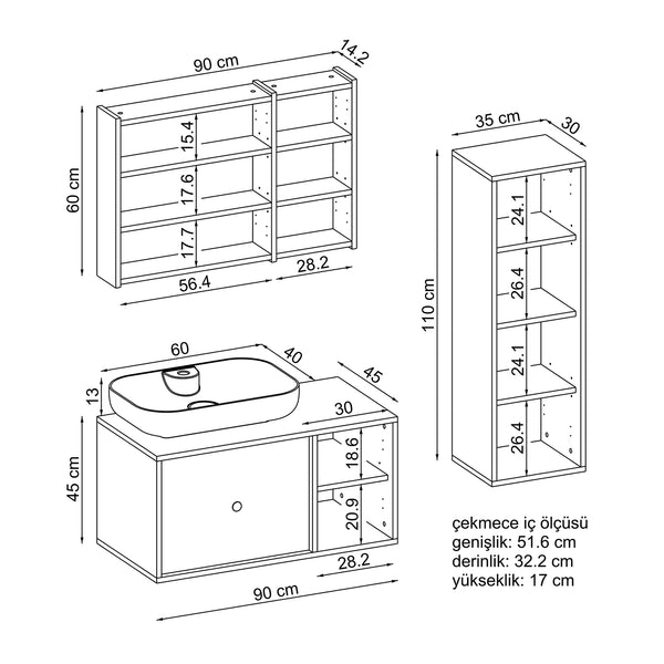 Roomart Badezimmermöbel Set GUSTO 90 cm – 4-teiliges Badmöbel-Set mit Keramik-Waschbecken, Spiegelschrank & Hochschrank – Moderne Badmöbel