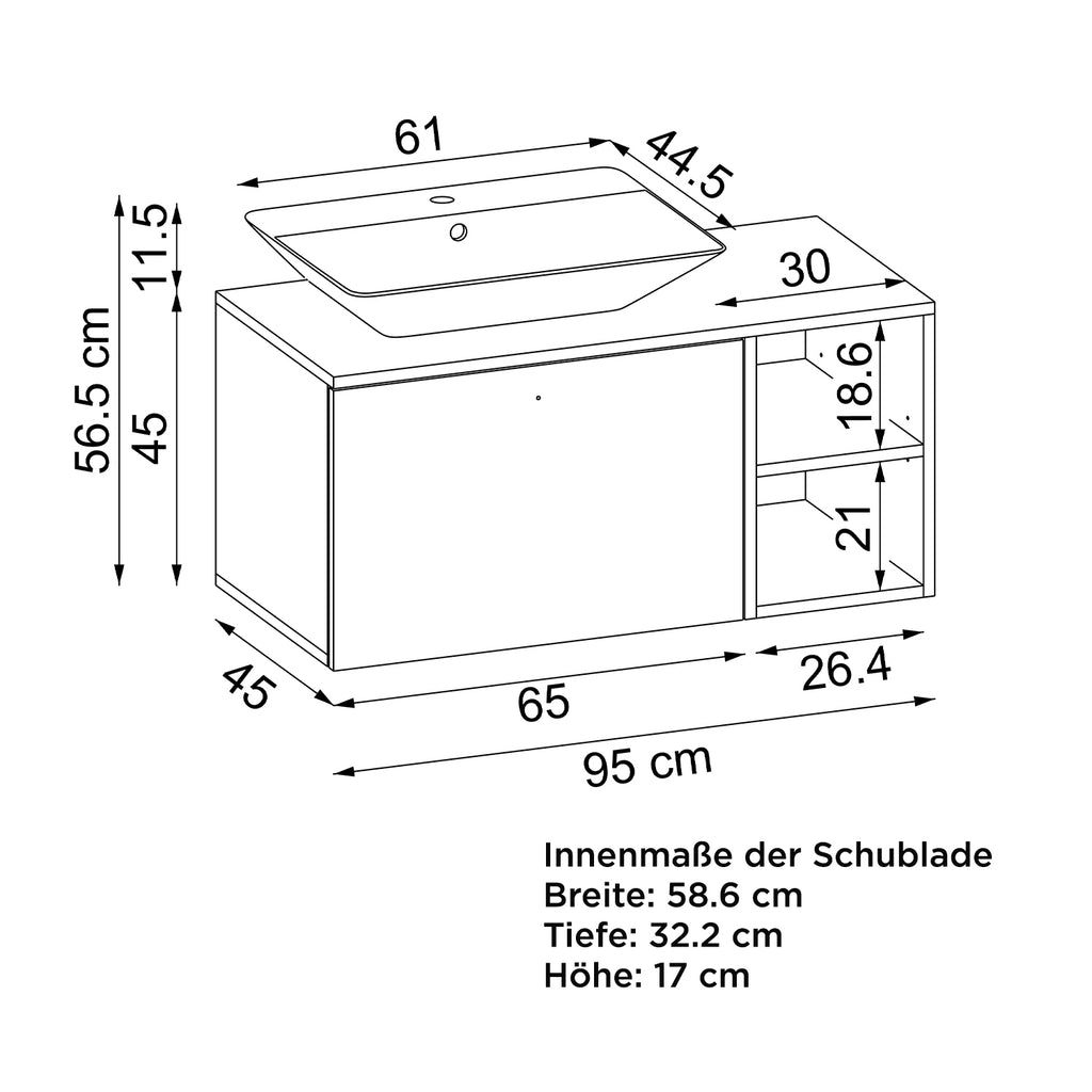 Roomart Badezimmermöbel LOTUS I - 95 cm – Keramik Waschbecken &/oder Unterschrank – Modernes Design – Varianten wählbar – Weiß-Eiche, Eiche oder Anthrazit-Eiche-badezimmerschrank, waschbecken, badezimmermöbel, badschrank, badezimmer, mit, unterschrank, ba