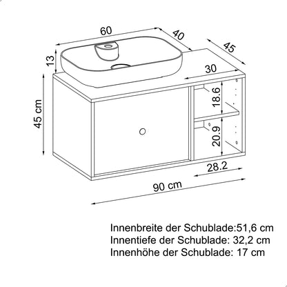 Roomart Badezimmermöbel GUSTO 90 cm – Keramik Waschbecken &/oder Unterschrank – Modernes Design – Varianten wählbar – Eiche oder Weiß
