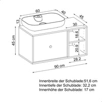 Roomart Badezimmermöbel GUSTO 90 cm – Keramik Waschbecken &/oder Unterschrank – Modernes Design – Varianten wählbar – Eiche oder Weiß - badezimmerschrank, waschbecken, badezimmermöbel, badschrank, badezimmer, mit, unterschrank, badmöbel, set, waschtisch, 
