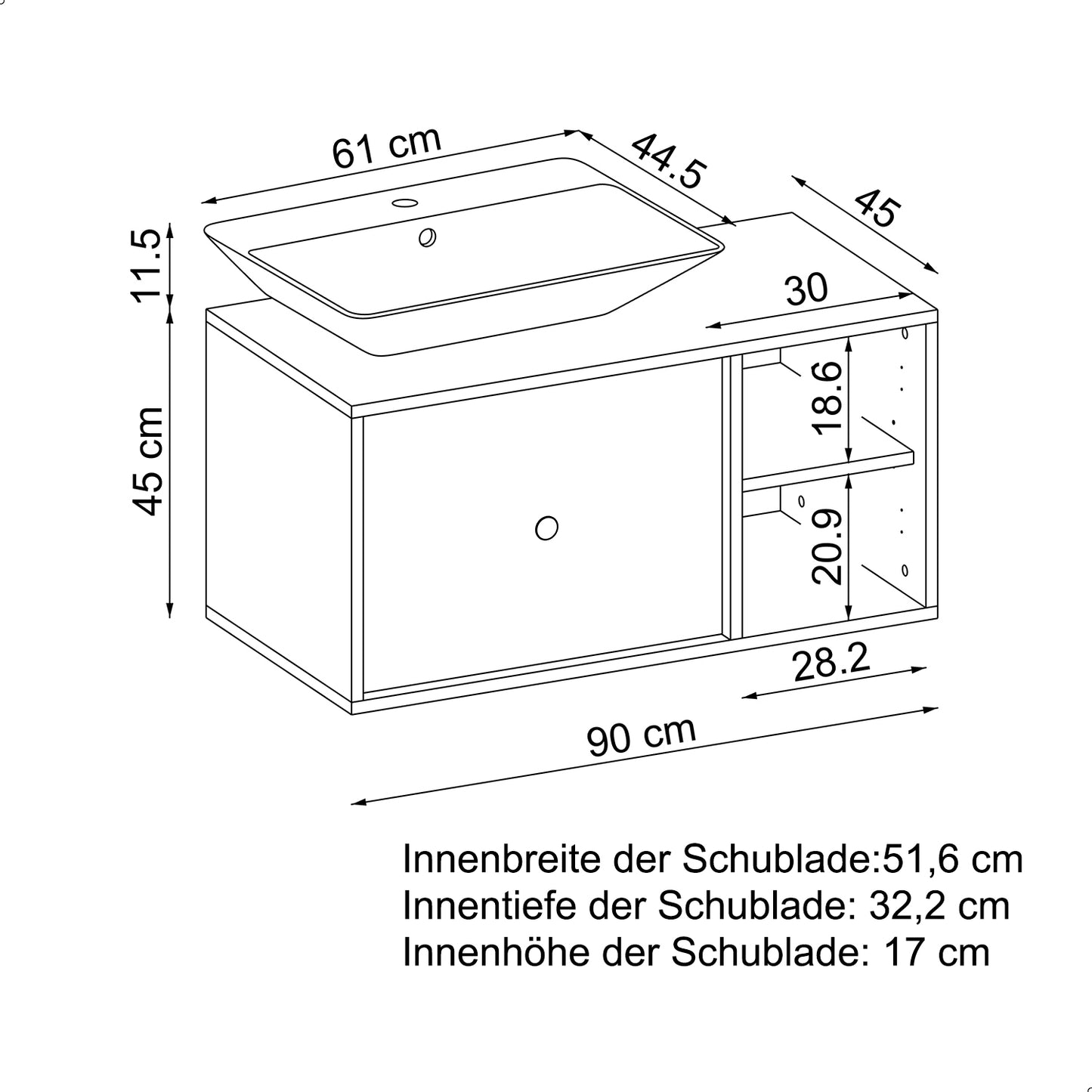 Roomart Badezimmermöbel GUSTO-ATL 90 cm – Keramik Waschbecken &/oder Unterschrank – Modernes Design – Varianten wählbar – Eiche oder Weiß