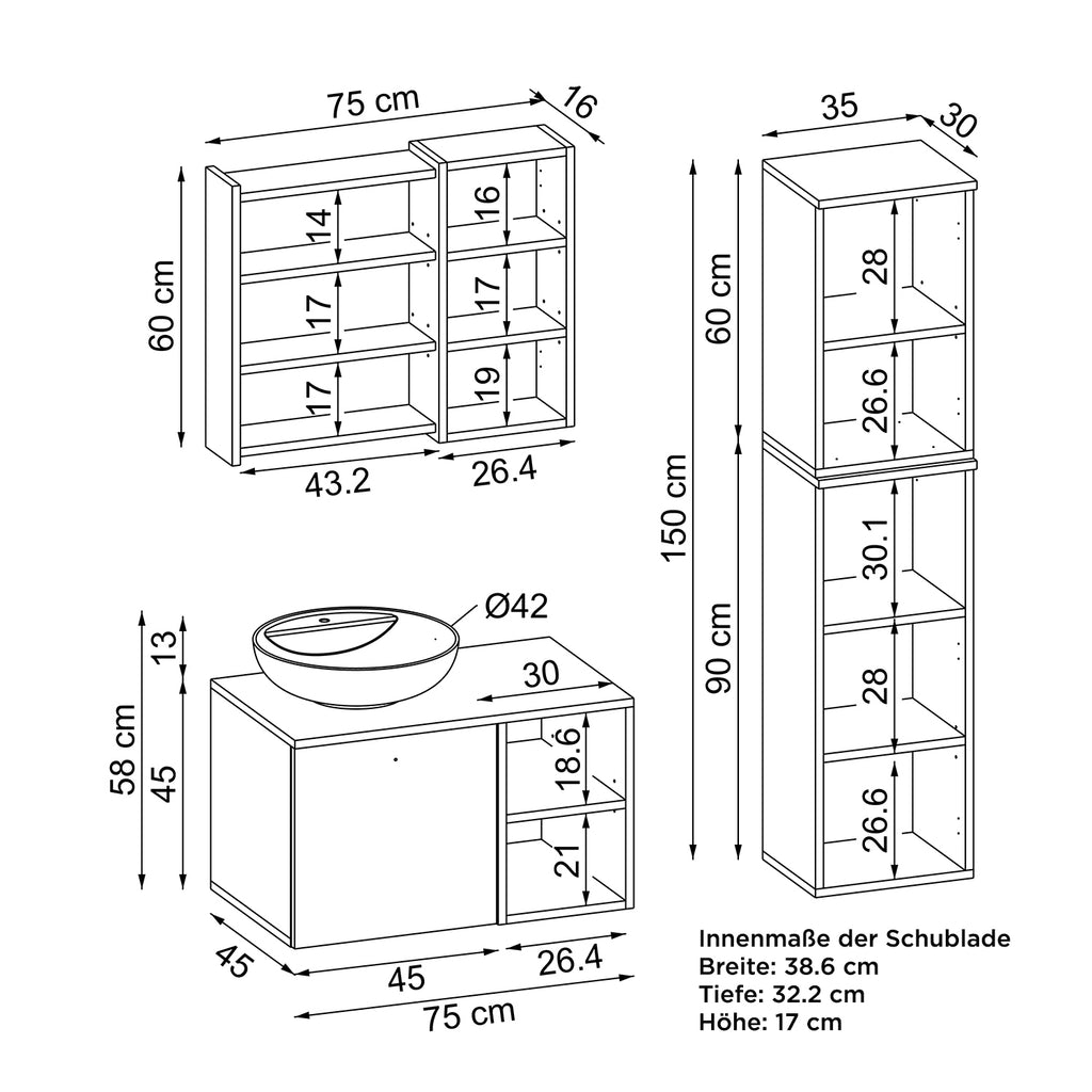 Roomart Badezimmermöbel Set LOTUS 75 cm 4 Teilig mit Keramik Waschbecken - badezimmerschrank, waschbecken, badezimmermöbel, badschrank, badezimmer, mit, unterschrank, badmöbel, set, waschtisch, möbel, badezimmermãbel, bad, badezimmerschränke, schmal, schm