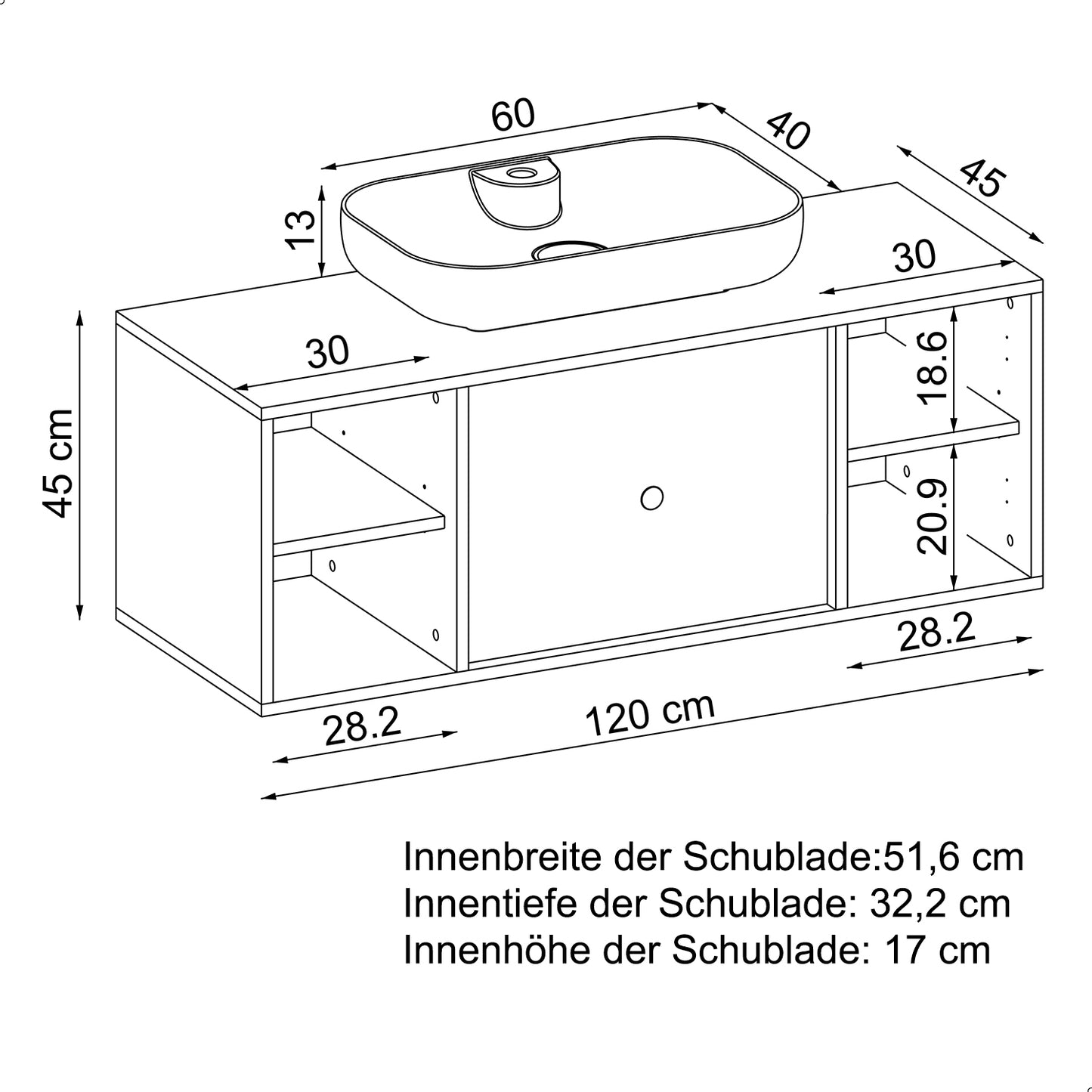 Roomart Badezimmermöbel GUSTO 120 cm – Keramik Waschbecken &/oder Unterschrank – Modernes Design – Varianten wählbar – Eiche oder Weiß