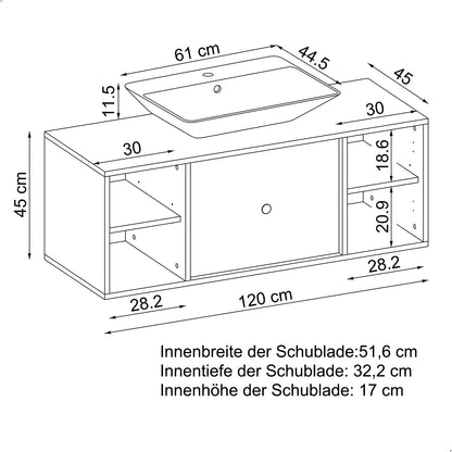 Roomart Badmöbel GUSTO-ATL 120 cm – Keramik Waschbecken &/oder Unterschrank – Modernes Design – Varianten wählbar – Eiche oder Weiß