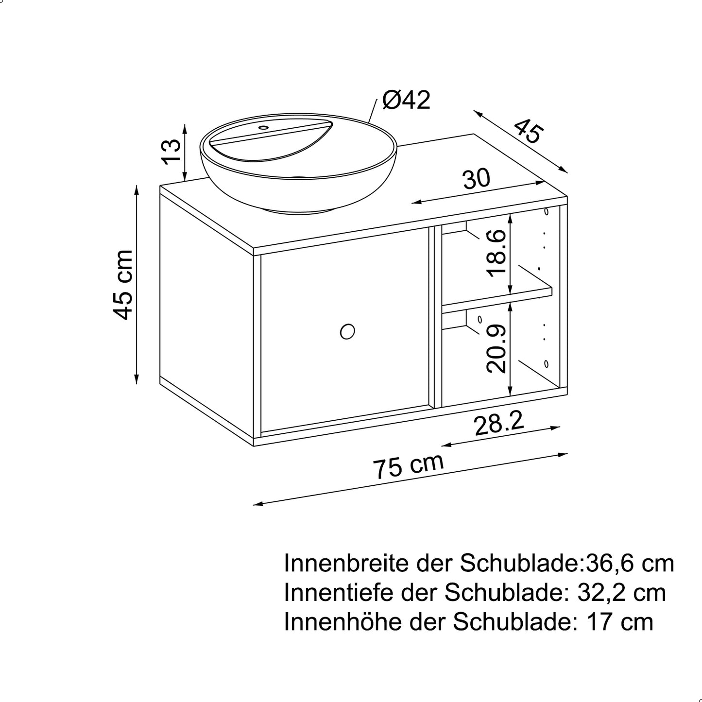 Roomart Badezimmermöbel GUSTO 75 cm – Keramik Waschbecken &/oder Unterschrank – Modernes Design – Varianten wählbar – Eiche oder Weiß