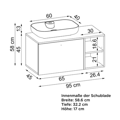 Roomart Badezimmermöbel Set LOTUS 95 cm 4 Teilig mit Keramik Waschbecken - badezimmerschrank, waschbecken, badezimmermöbel, badschrank, badezimmer, mit, unterschrank, badmöbel, set, waschtisch, möbel, badezimmermãbel, bad, badezimmerschränke, schmal, schm