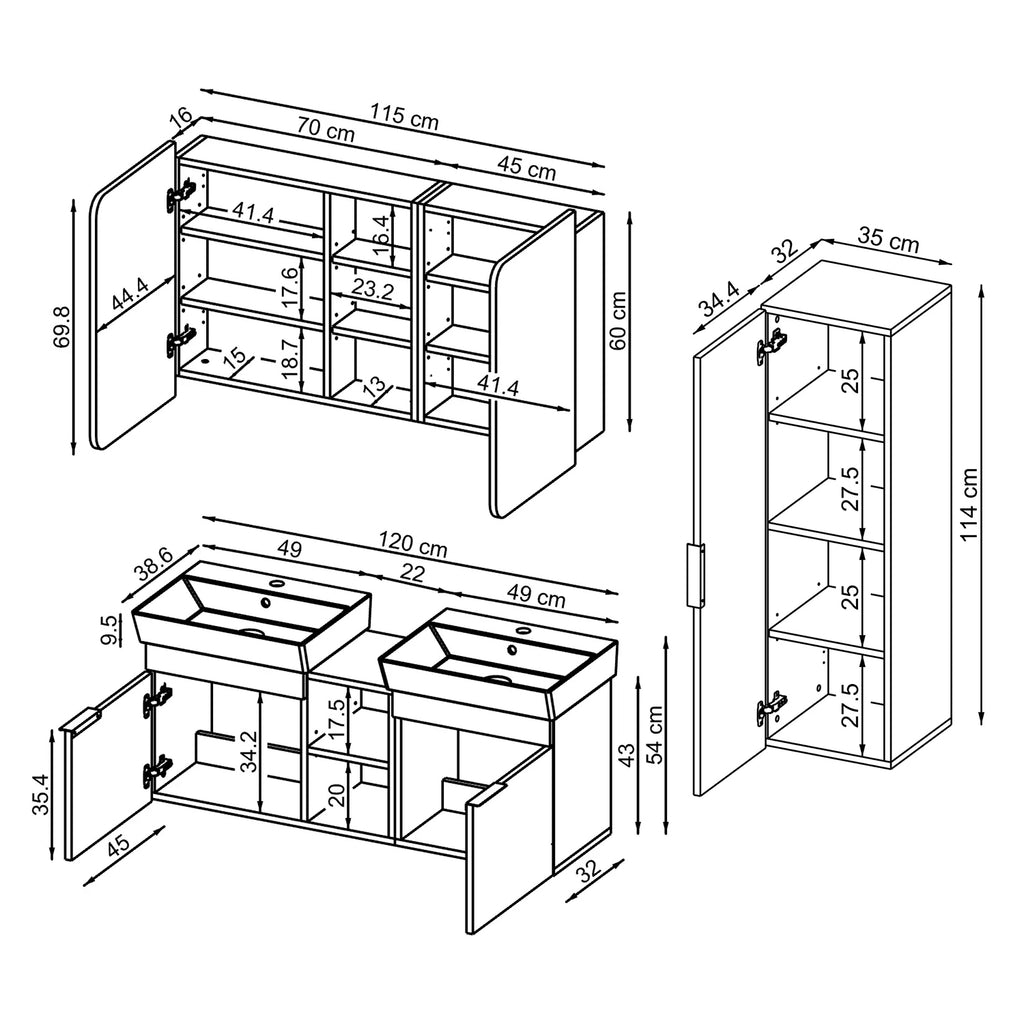 Roomart Badmöbel Set LYCIA 120 cm – 4-teiliges Badezimmermöbel-Set mit Keramik-Waschbecken, Spiegelschrank & Seitenschrank – Badmöbel in 4 Farben