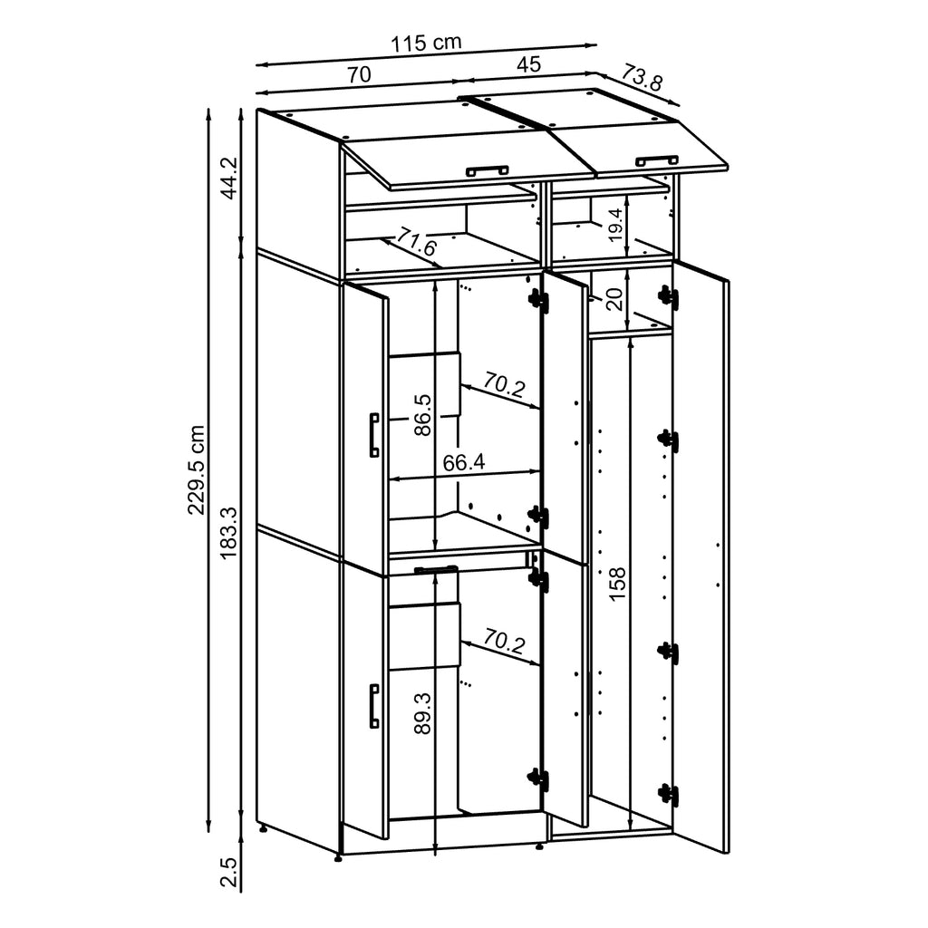 Roomart Waschmaschinenschrank - SERIE DORA-I-  115 cm breit -  Wasch- & Trocknerschrank mit Türen & Ausziehbrett, 115 cm breit, Waschmaschinen-Überbau für Waschküche & Hauswirtschaftsraum – Weiß, Weiß-Eiche, Anthrazit-Eiche, Eiche, Schwarz-Eiche