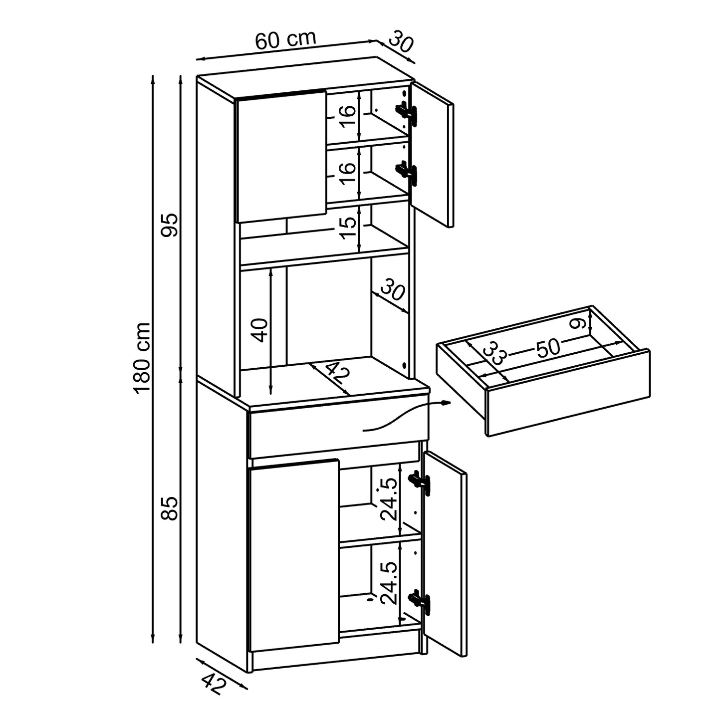 Roomart Küchenschrank NAPOLI, 180 cm, mit offener Nische und Schublade, in 4 Farben