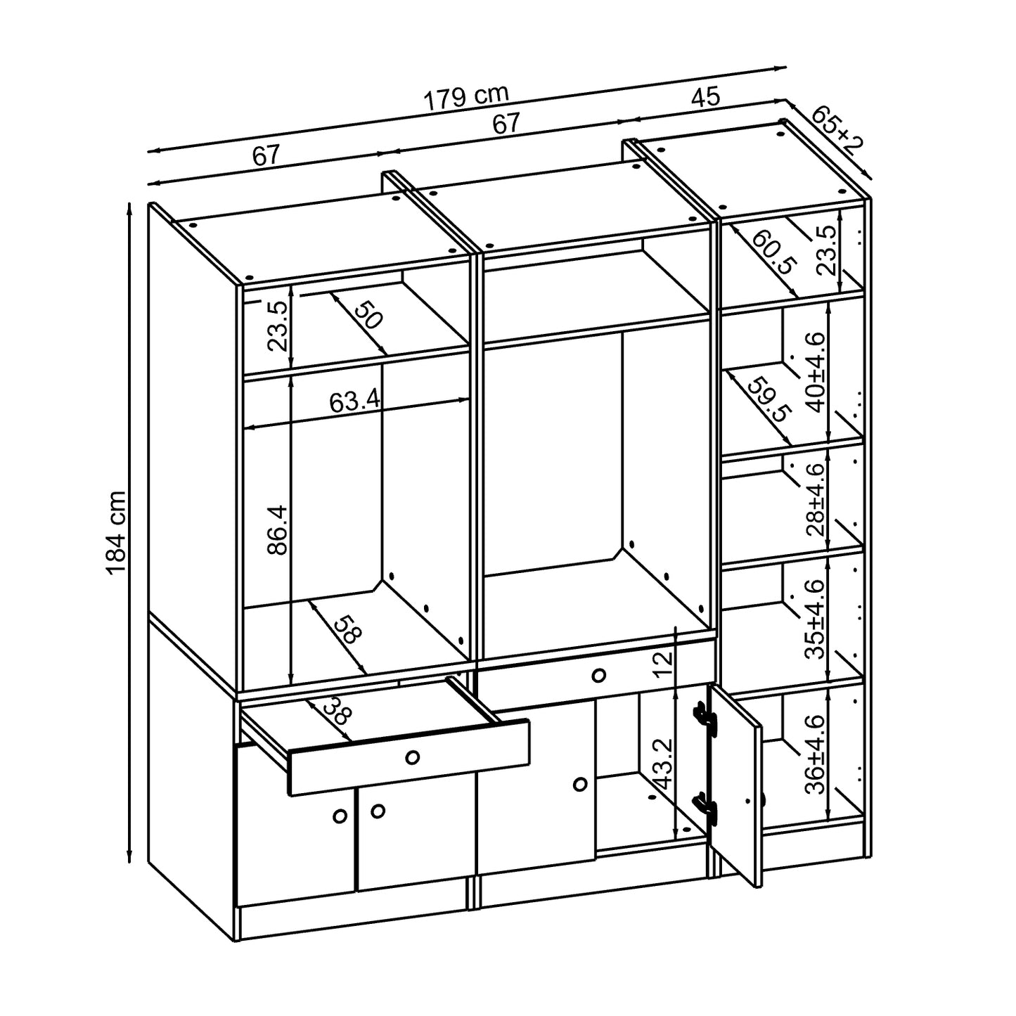 Roomart Waschmaschinenschrank Doppelschrank SERIE 3 – 179 cm breit, 2× Waschmaschine nebeneinander mit Ausziehbrett & Hochschrank – Waschküche & Hauswirtschaftsraum – Eiche / Schwarz-Eiche / Weiß