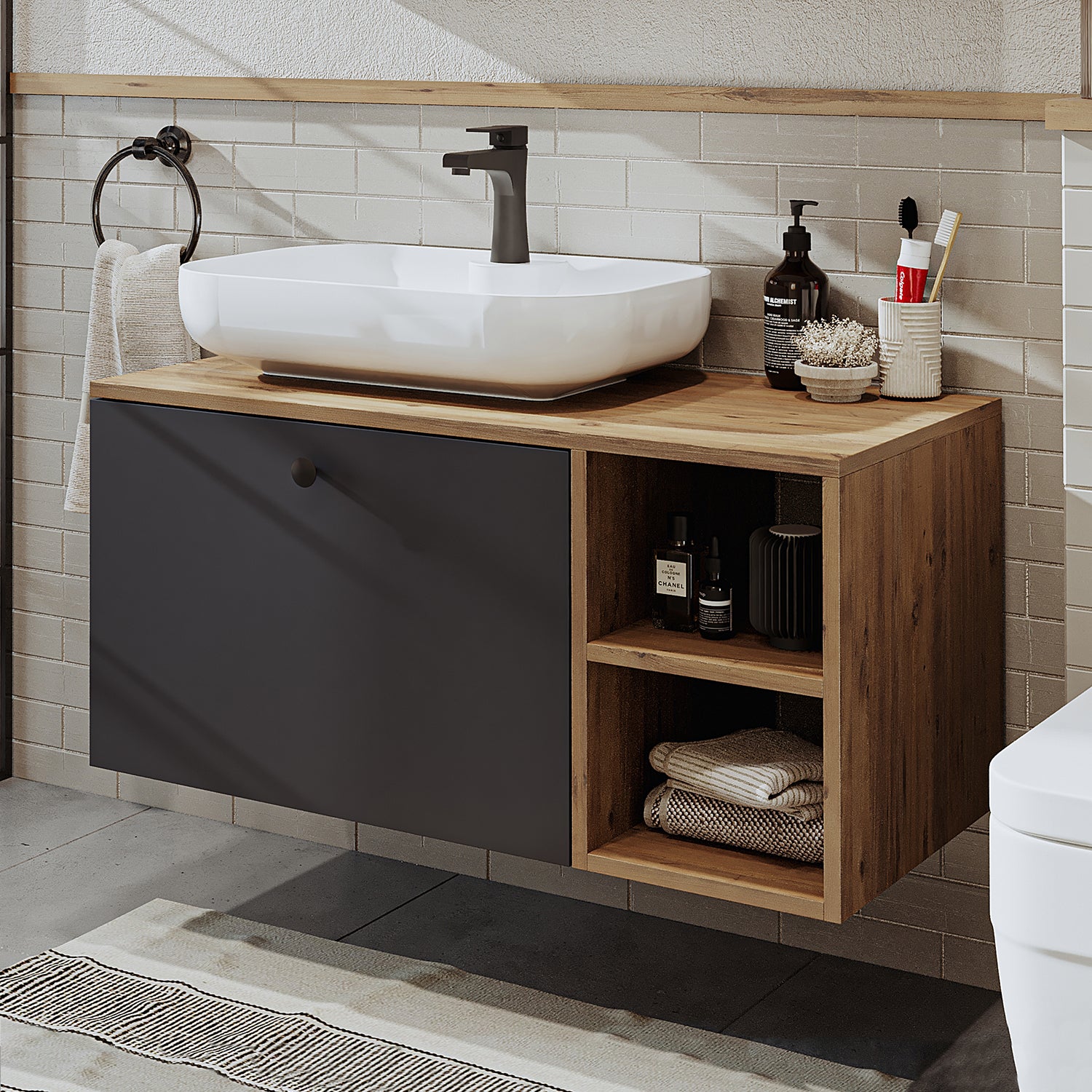 Roomart Badezimmermöbel Set LOTUS 95 cm 4 Teilig mit Keramik Waschbecken - badezimmerschrank, waschbecken, badezimmermöbel, badschrank, badezimmer, mit, unterschrank, badmöbel, set, waschtisch, möbel, badezimmermãbel, bad, badezimmerschränke, schmal, schm