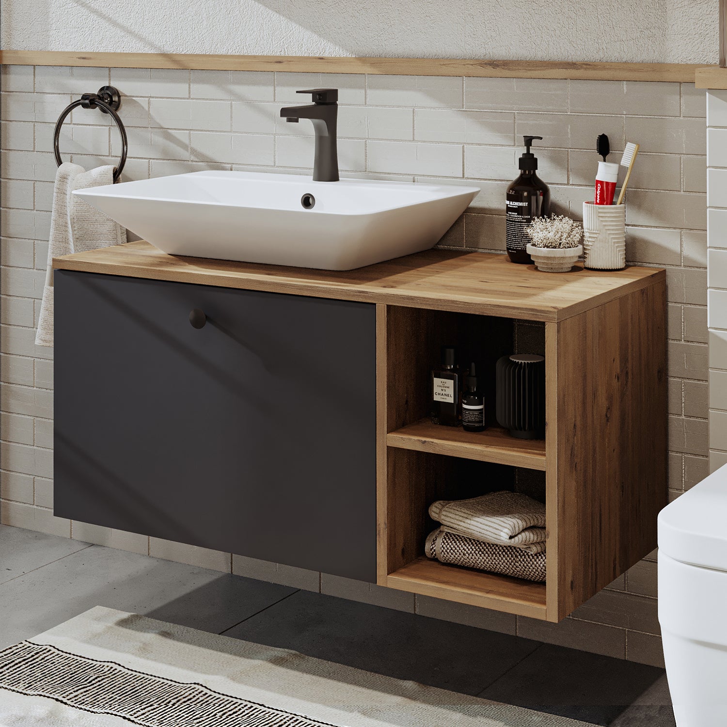 Roomart Badezimmermöbel Set LOTUS 95 cm 4 Teilig mit Keramik Waschbecken - badezimmerschrank, waschbecken, badezimmermöbel, badschrank, badezimmer, mit, unterschrank, badmöbel, set, waschtisch, möbel, badezimmermãbel, bad, badezimmerschränke, schmal, schm