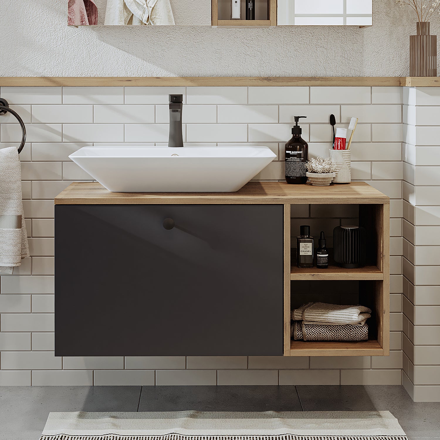 Roomart Badezimmermöbel Set LOTUS 95 cm 4 Teilig mit Keramik Waschbecken - badezimmerschrank, waschbecken, badezimmermöbel, badschrank, badezimmer, mit, unterschrank, badmöbel, set, waschtisch, möbel, badezimmermãbel, bad, badezimmerschränke, schmal, schm