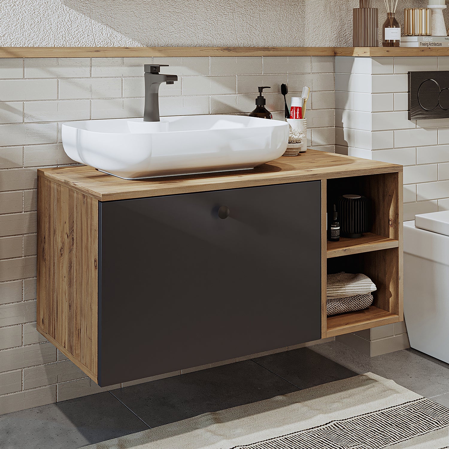 Roomart Badezimmermöbel Set LOTUS 95 cm 4 Teilig mit Keramik Waschbecken - badezimmerschrank, waschbecken, badezimmermöbel, badschrank, badezimmer, mit, unterschrank, badmöbel, set, waschtisch, möbel, badezimmermãbel, bad, badezimmerschränke, schmal, schm