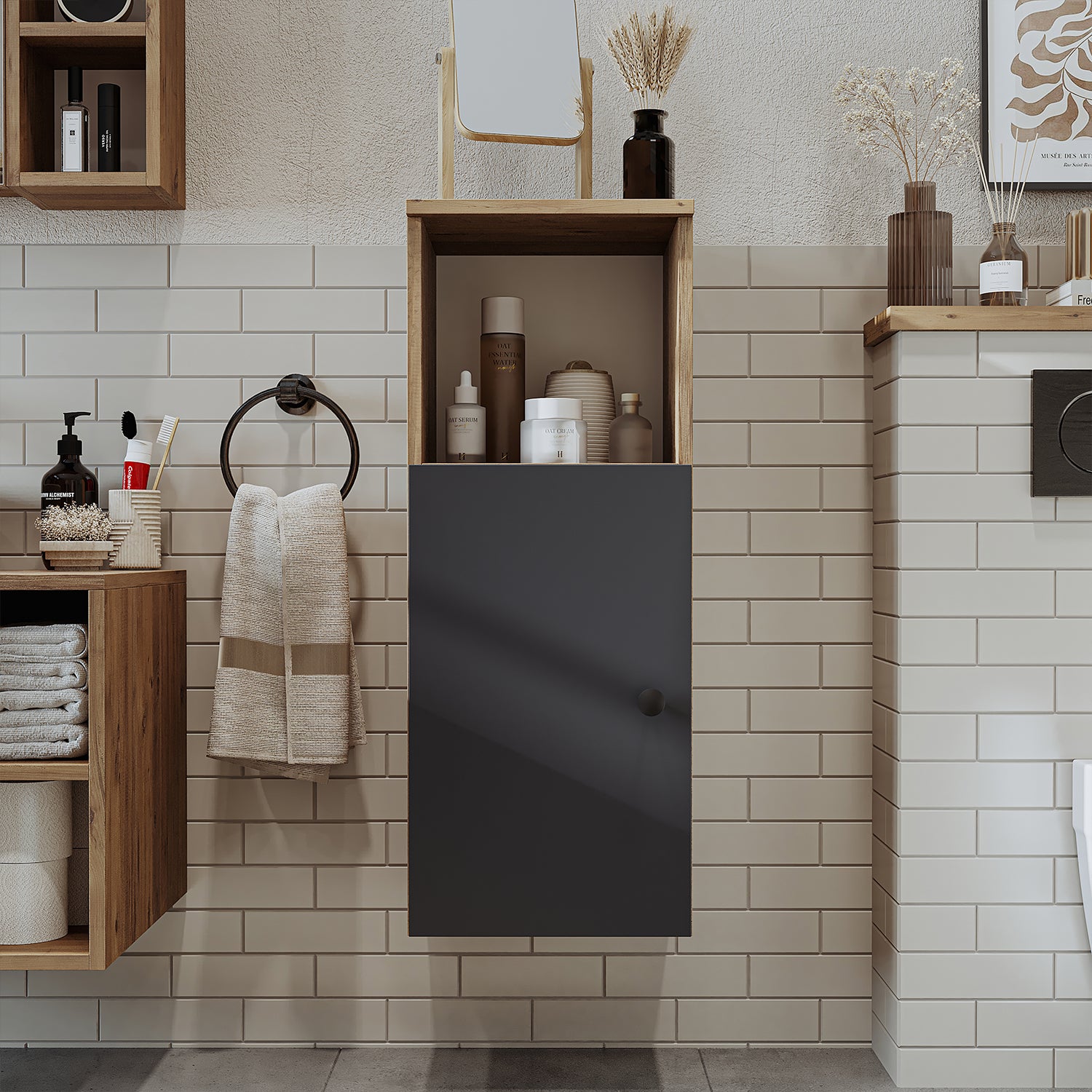 Roomart, Badezimmer Waschmaschinenschrank ATRIA, Waschmaschinenunterschrank, BHT: 70x 90 x 69 cm, in Weiß-Eiche, Eiche, Anthrazit Eiche, Weiß waschmaschinenschrank, waschmaschinenregal, waschturm, schrank, weiß, waschmaschinen, unterschrank, waschmaschine