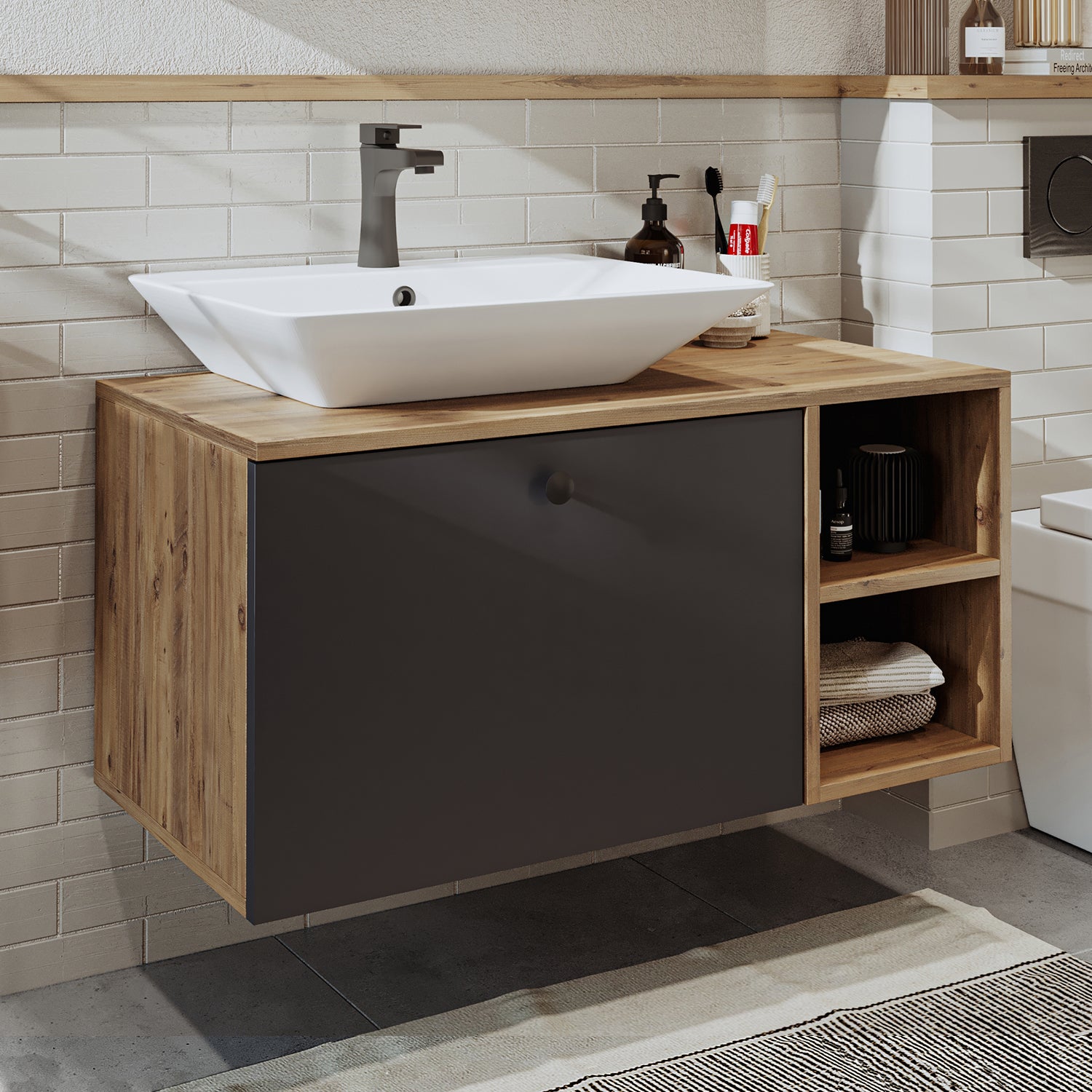 Roomart Badezimmermöbel Set LOTUS 95 cm 4 Teilig mit Keramik Waschbecken - badezimmerschrank, waschbecken, badezimmermöbel, badschrank, badezimmer, mit, unterschrank, badmöbel, set, waschtisch, möbel, badezimmermãbel, bad, badezimmerschränke, schmal, schm