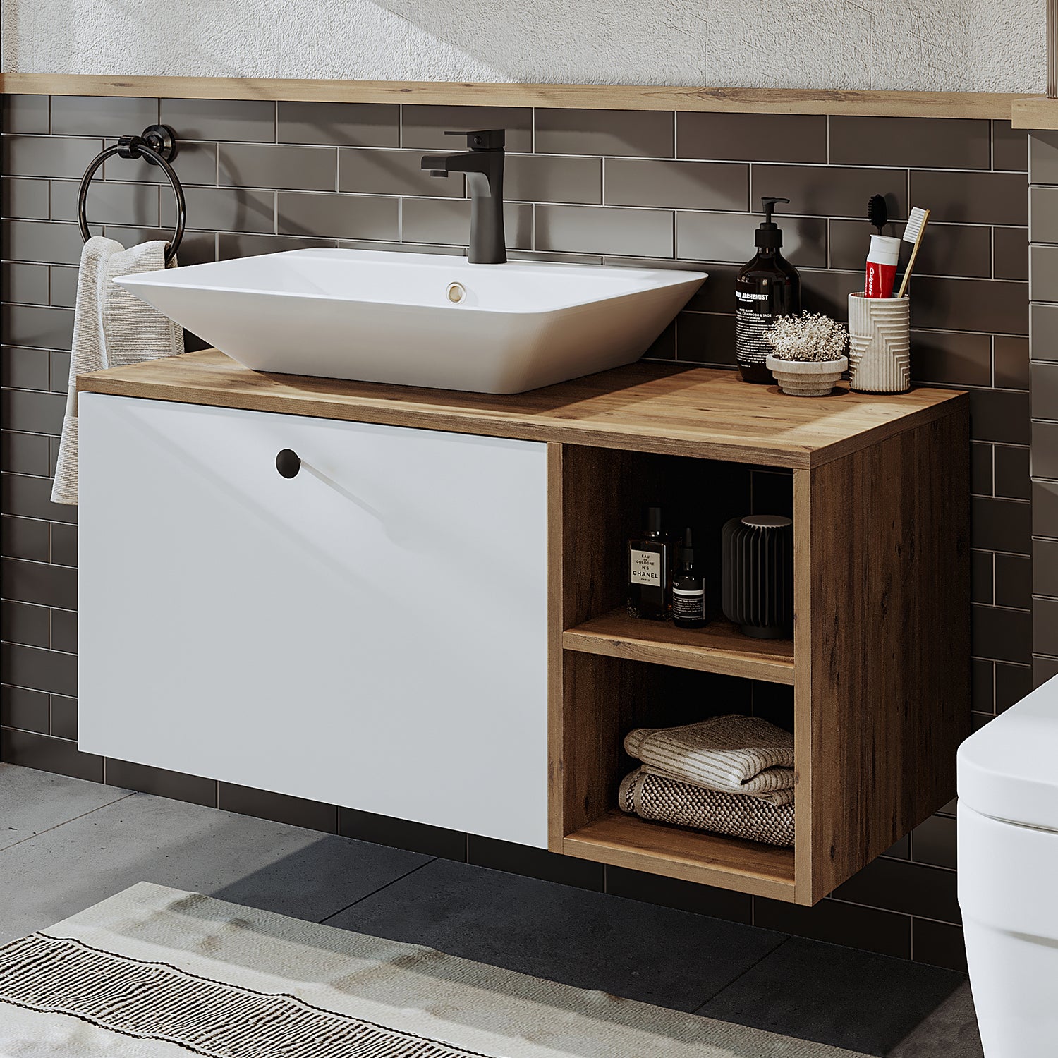 Roomart Badezimmermöbel Set LOTUS 95 cm 4 Teilig mit Keramik Waschbecken - badezimmerschrank, waschbecken, badezimmermöbel, badschrank, badezimmer, mit, unterschrank, badmöbel, set, waschtisch, möbel, badezimmermãbel, bad, badezimmerschränke, schmal, schm