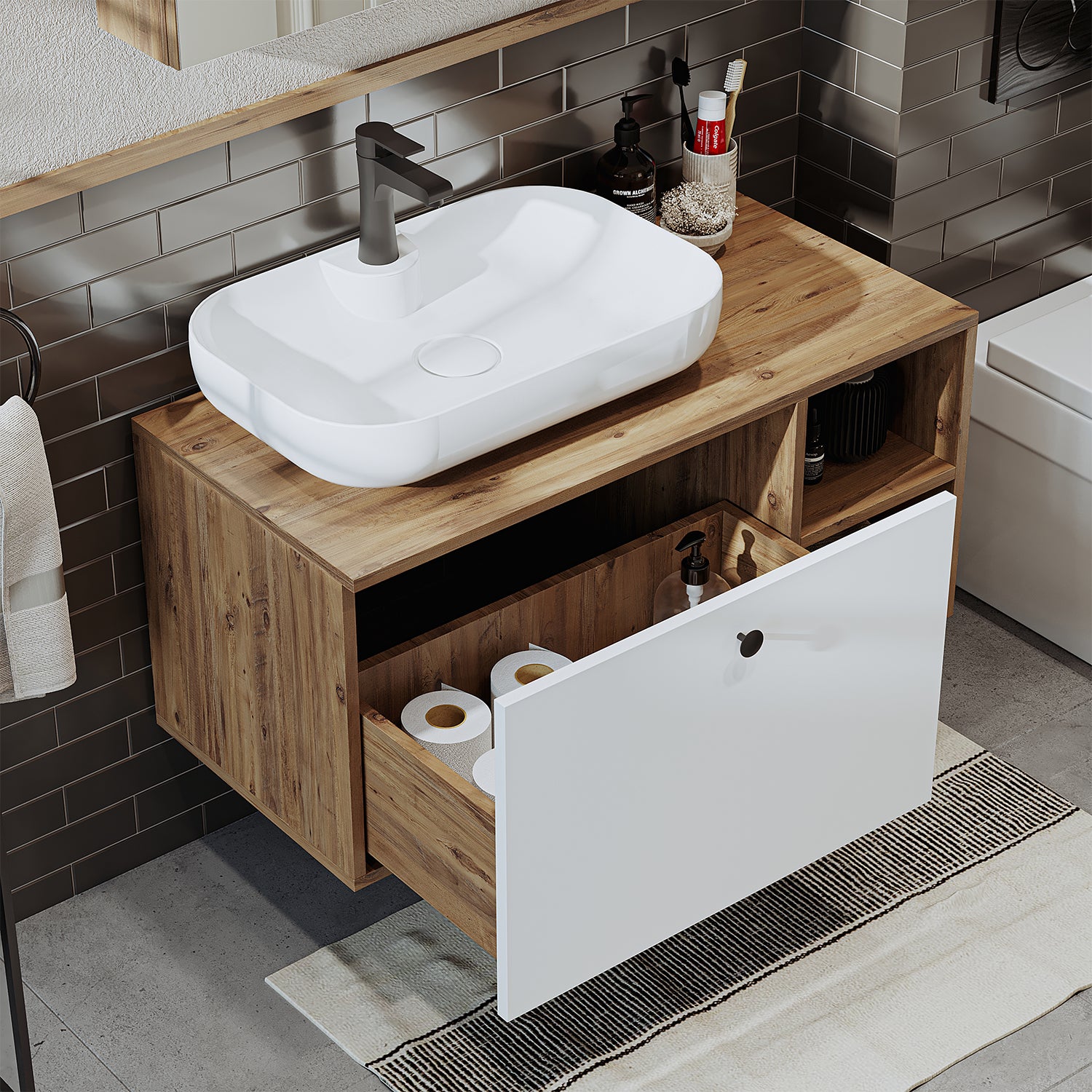 Roomart Badezimmermöbel Set LOTUS 95 cm 4 Teilig mit Keramik Waschbecken - badezimmerschrank, waschbecken, badezimmermöbel, badschrank, badezimmer, mit, unterschrank, badmöbel, set, waschtisch, möbel, badezimmermãbel, bad, badezimmerschränke, schmal, schm