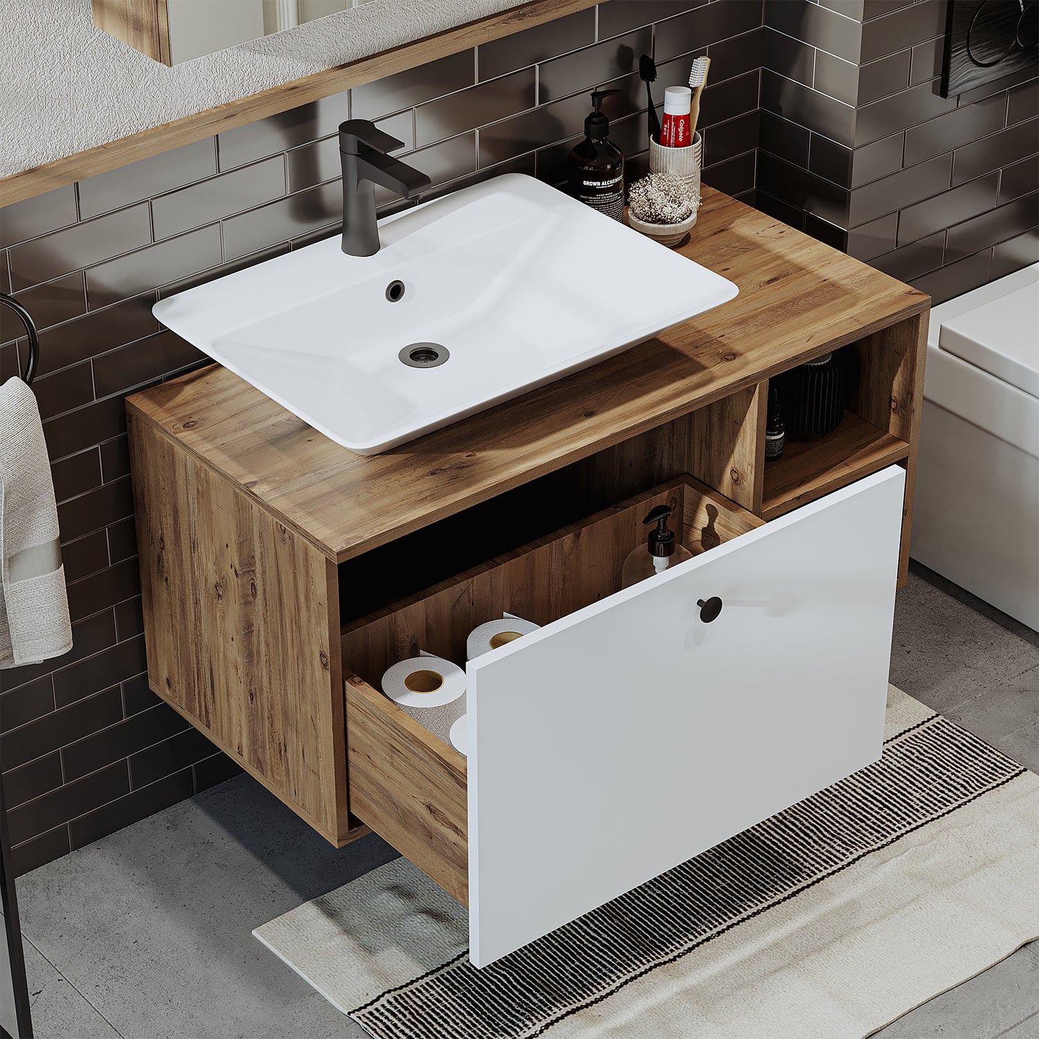 Roomart Badezimmermöbel Set LOTUS 95 cm 4 Teilig mit Keramik Waschbecken - badezimmerschrank, waschbecken, badezimmermöbel, badschrank, badezimmer, mit, unterschrank, badmöbel, set, waschtisch, möbel, badezimmermãbel, bad, badezimmerschränke, schmal, schm