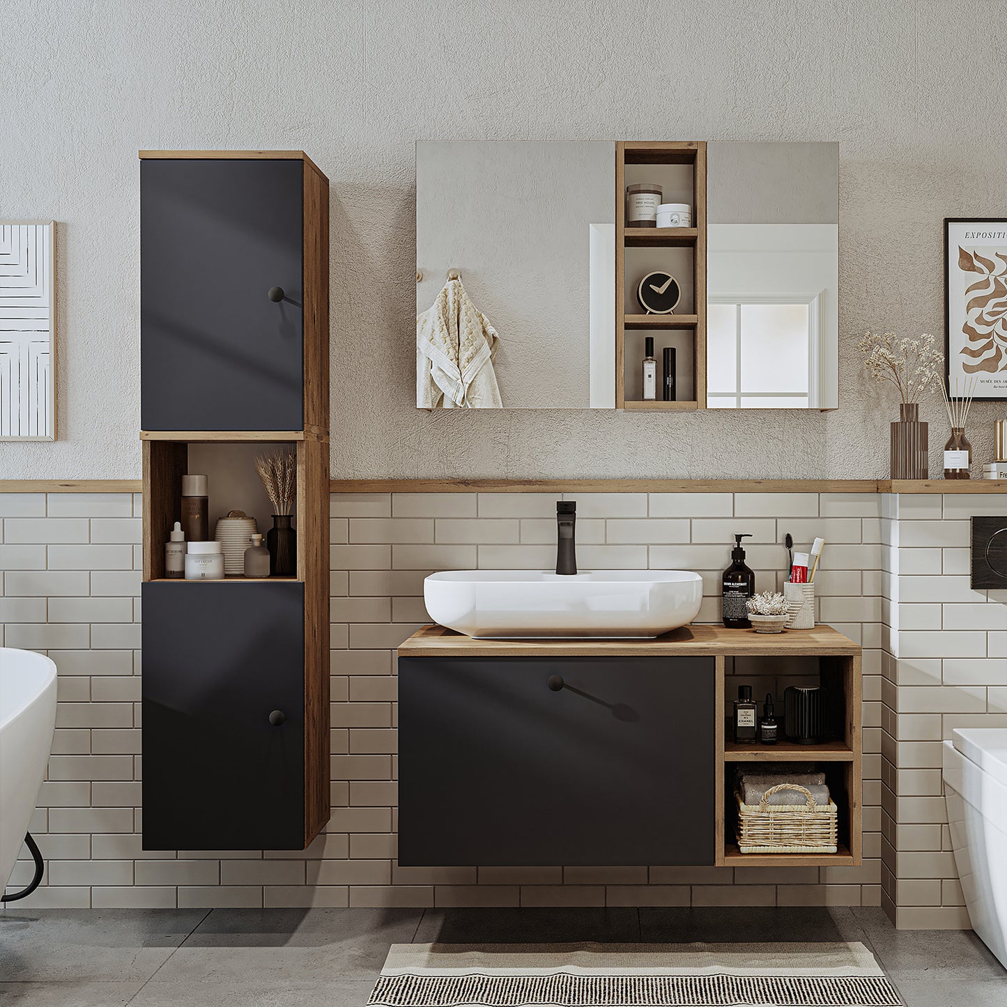Roomart Badezimmermöbel Set LOTUS 95 cm 4 Teilig mit Keramik Waschbecken - badezimmerschrank, waschbecken, badezimmermöbel, badschrank, badezimmer, mit, unterschrank, badmöbel, set, waschtisch, möbel, badezimmermãbel, bad, badezimmerschränke, schmal, schm