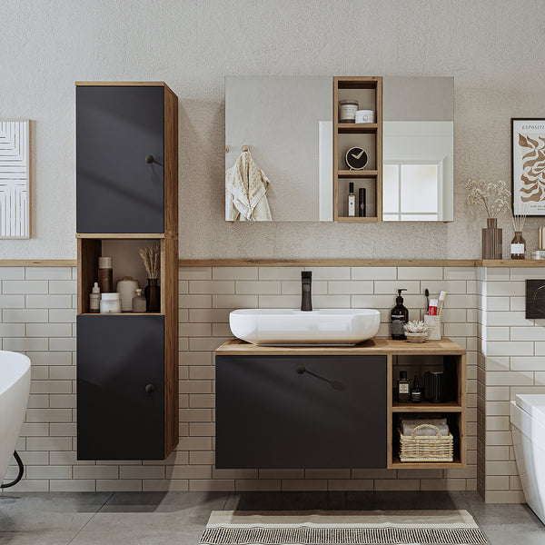 Roomart Badezimmermöbel Set LOTUS 95 cm – 4-teiliges Badmöbel-Set mit ovalem Keramik-Waschbecken – Waschbeckenunterschrank, Spiegelschrank & Hochschrank – Modernes Design