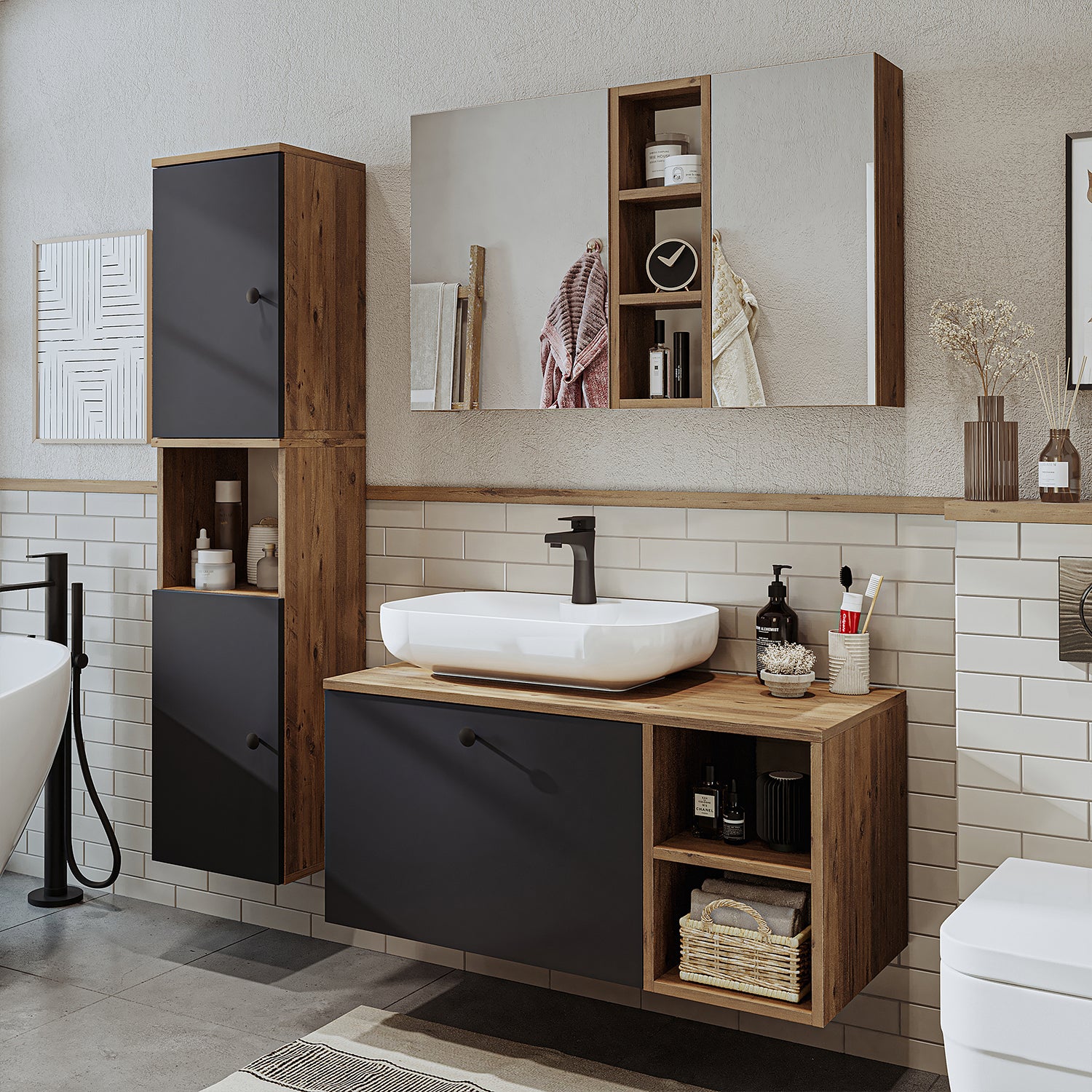 Roomart Badezimmermöbel Set LOTUS 95 cm 4 Teilig mit Keramik Waschbecken - badezimmerschrank, waschbecken, badezimmermöbel, badschrank, badezimmer, mit, unterschrank, badmöbel, set, waschtisch, möbel, badezimmermãbel, bad, badezimmerschränke, schmal, schm
