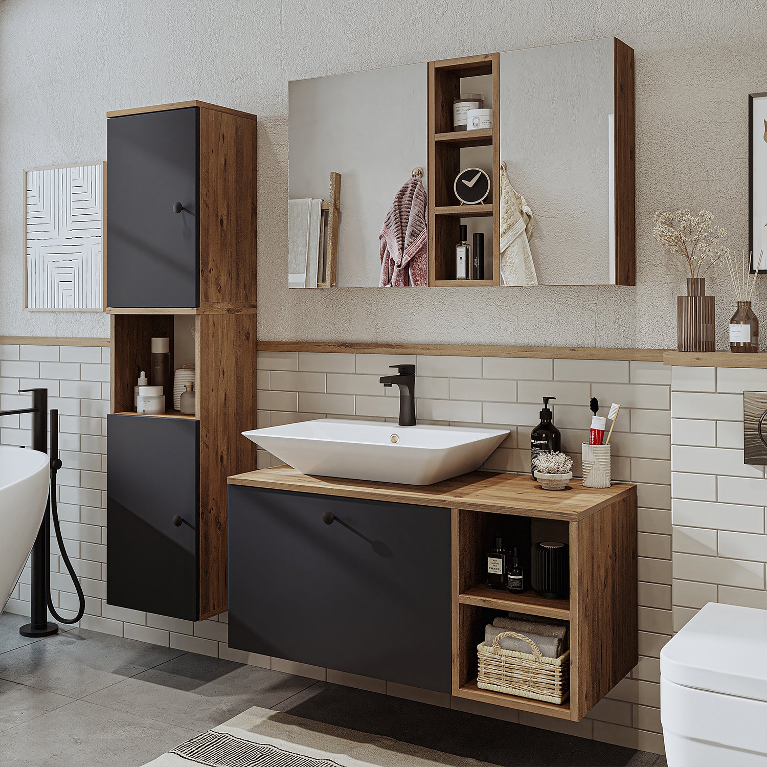 Roomart Badezimmermöbel Set LOTUS 95 cm 4 Teilig mit Keramik Waschbecken - badezimmerschrank, waschbecken, badezimmermöbel, badschrank, badezimmer, mit, unterschrank, badmöbel, set, waschtisch, möbel, badezimmermãbel, bad, badezimmerschränke, schmal, schm