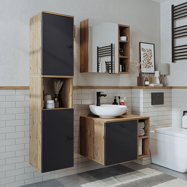 Roomart Badmöbel Set LOTUS 65 cm – 4-teiliges Badezimmermöbel mit Keramik-Waschbecken, Unterschrank, Spiegelschrank & Hochschrank – Modernes Design