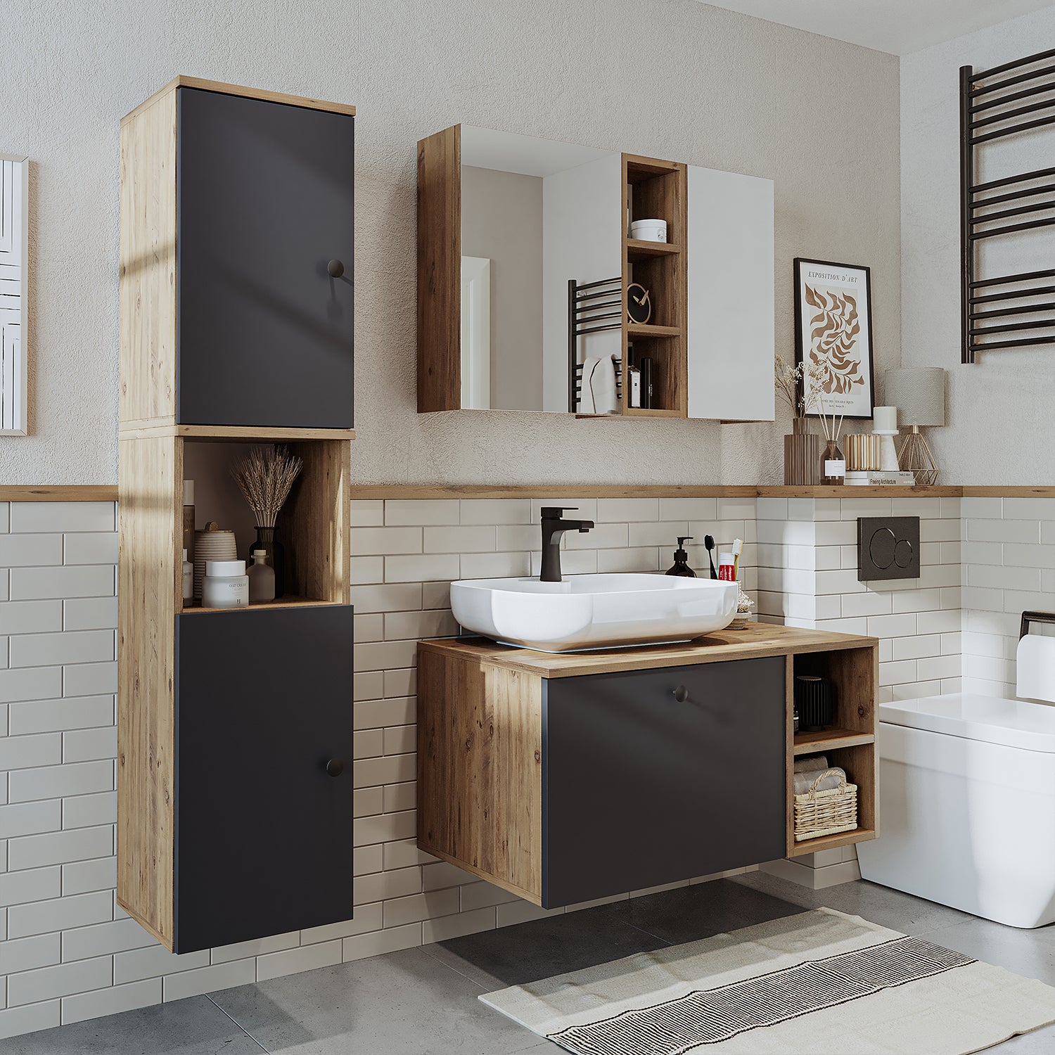 Roomart Badezimmermöbel Set LOTUS 95 cm 4 Teilig mit Keramik Waschbecken - badezimmerschrank, waschbecken, badezimmermöbel, badschrank, badezimmer, mit, unterschrank, badmöbel, set, waschtisch, möbel, badezimmermãbel, bad, badezimmerschränke, schmal, schm