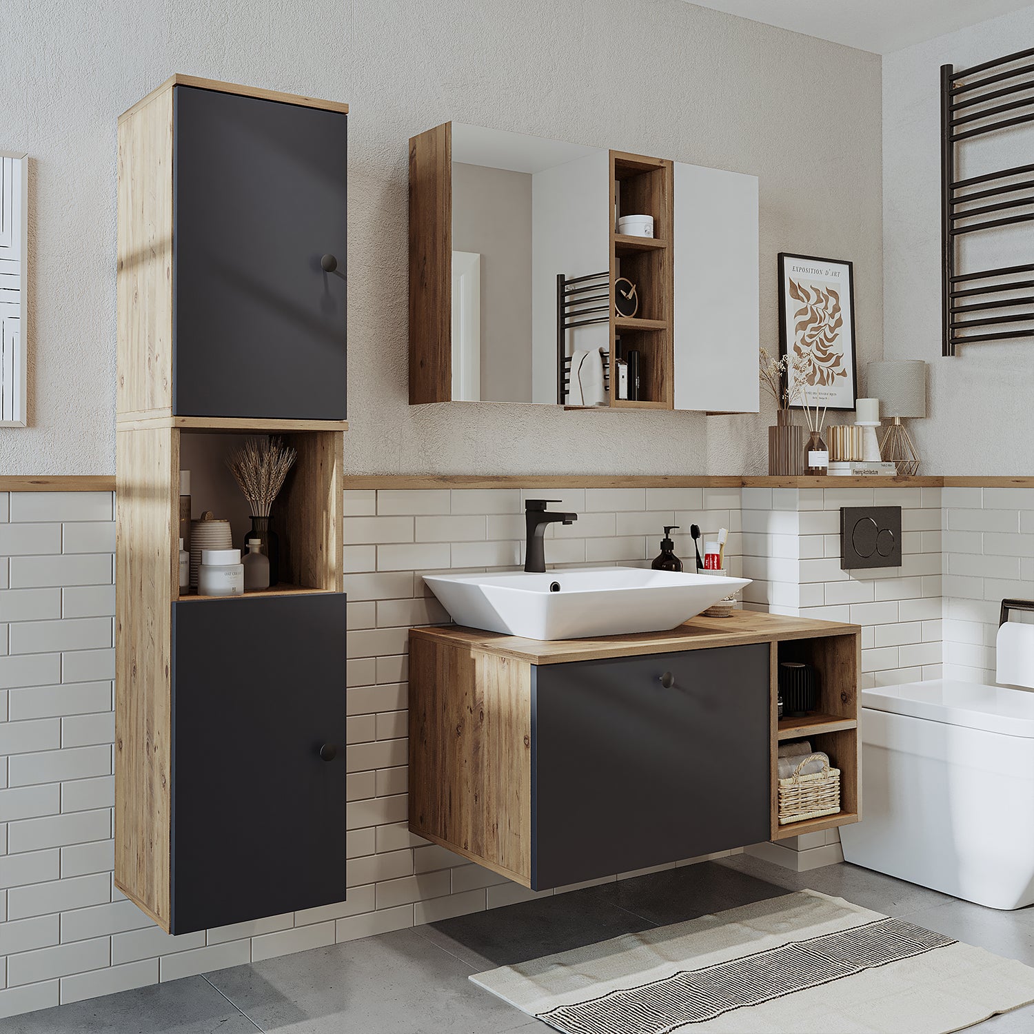 Roomart Badezimmermöbel Set LOTUS 95 cm 4 Teilig mit Keramik Waschbecken - badezimmerschrank, waschbecken, badezimmermöbel, badschrank, badezimmer, mit, unterschrank, badmöbel, set, waschtisch, möbel, badezimmermãbel, bad, badezimmerschränke, schmal, schm
