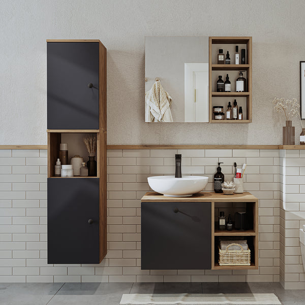 Roomart 4-teiliges Badmöbel-Set LOTUS, 75 cm, mit rundem Aufsatzbecken und Hochschrank, in 3 Farben