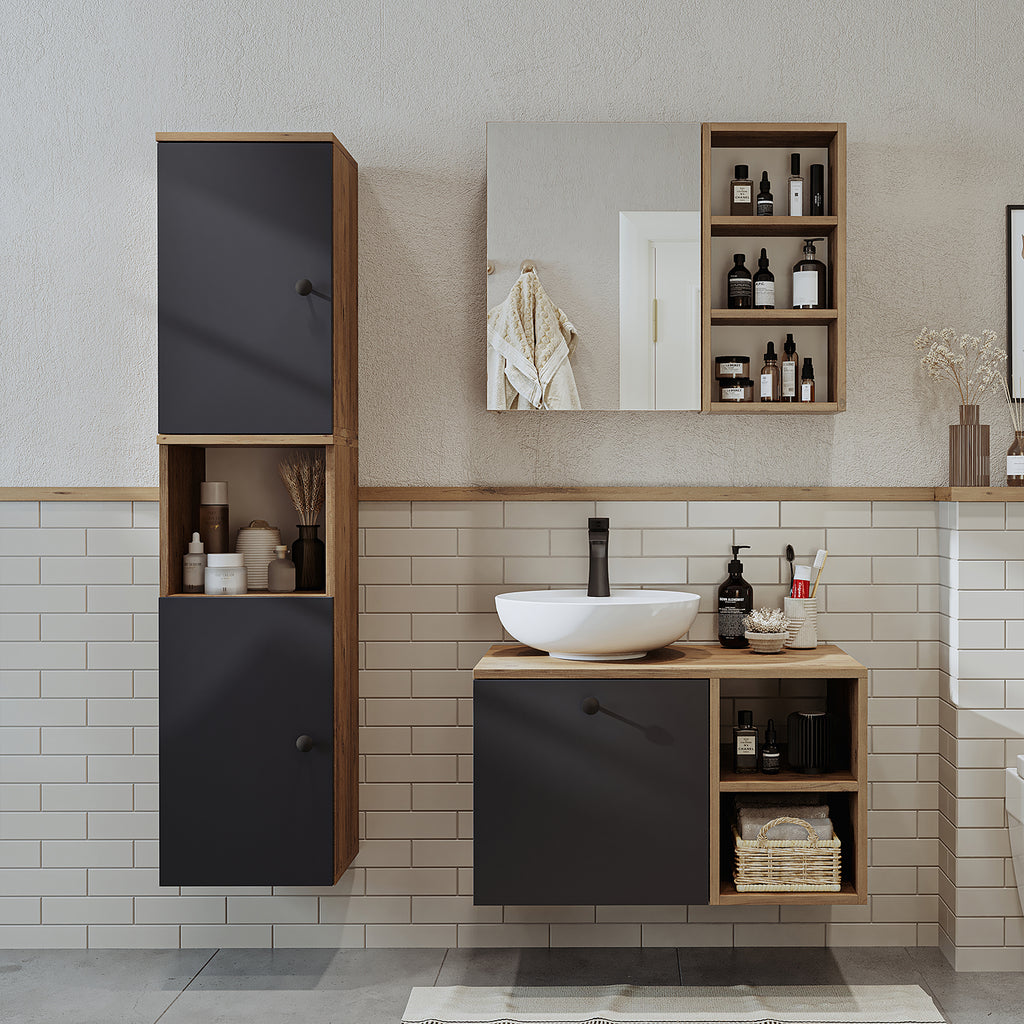 Roomart Badezimmermöbel Set LOTUS 75 cm 4 Teilig mit Keramik Waschbecken - badezimmerschrank, waschbecken, badezimmermöbel, badschrank, badezimmer, mit, unterschrank, badmöbel, set, waschtisch, möbel, badezimmermãbel, bad, badezimmerschränke, schmal, schm